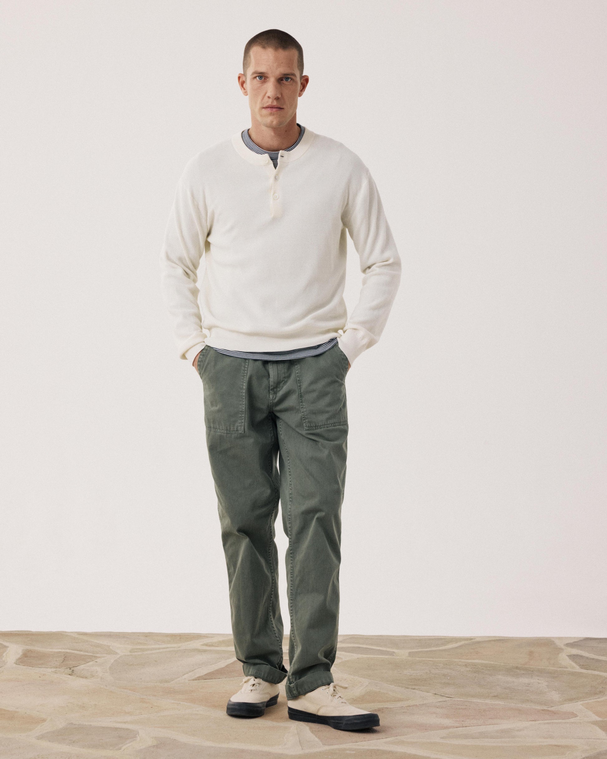 Men's Cream Piqué Cotton Henley Sweater BFQ8315-01