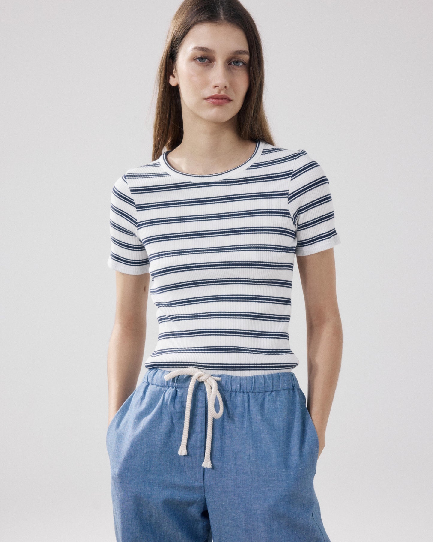 Women's Off-white & Navy Blue Ribbed Cotton T-shirt Telopea BFQD506-01