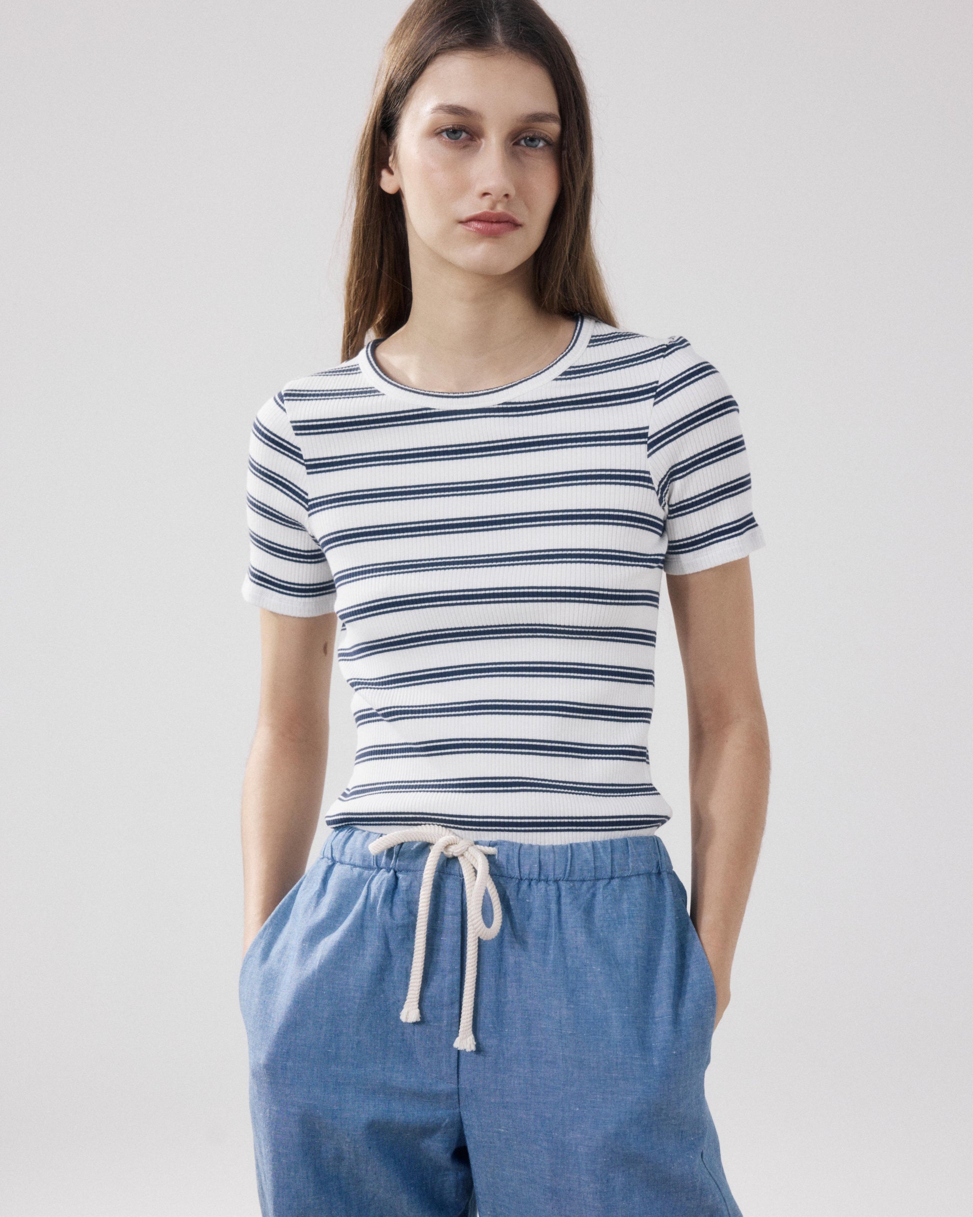 Women's Off-white & Navy Blue Ribbed Cotton T-shirt Telopea BFQD506-01