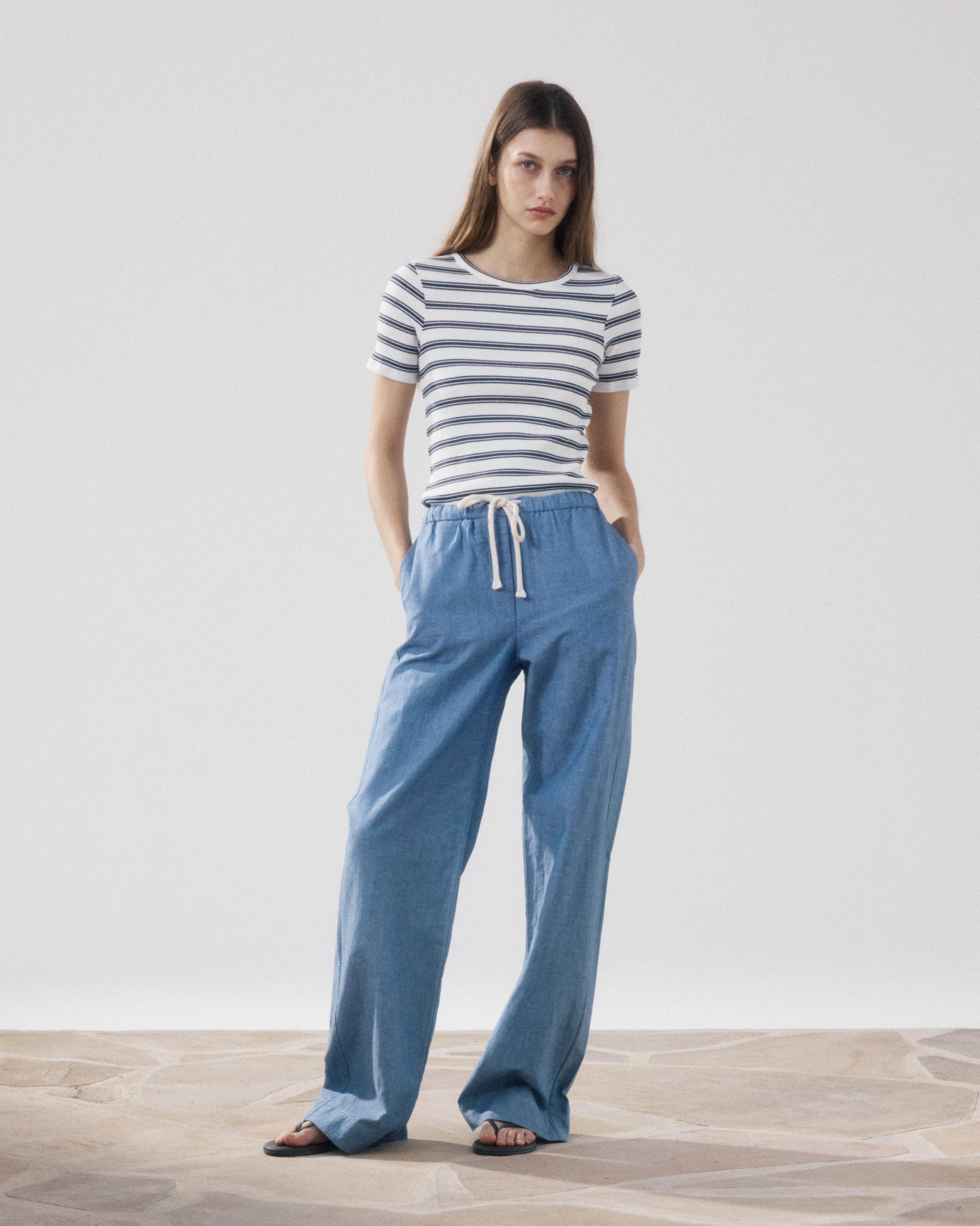 Women's Off-white & Navy Blue Ribbed Cotton T-shirt Telopea BFQD506-01