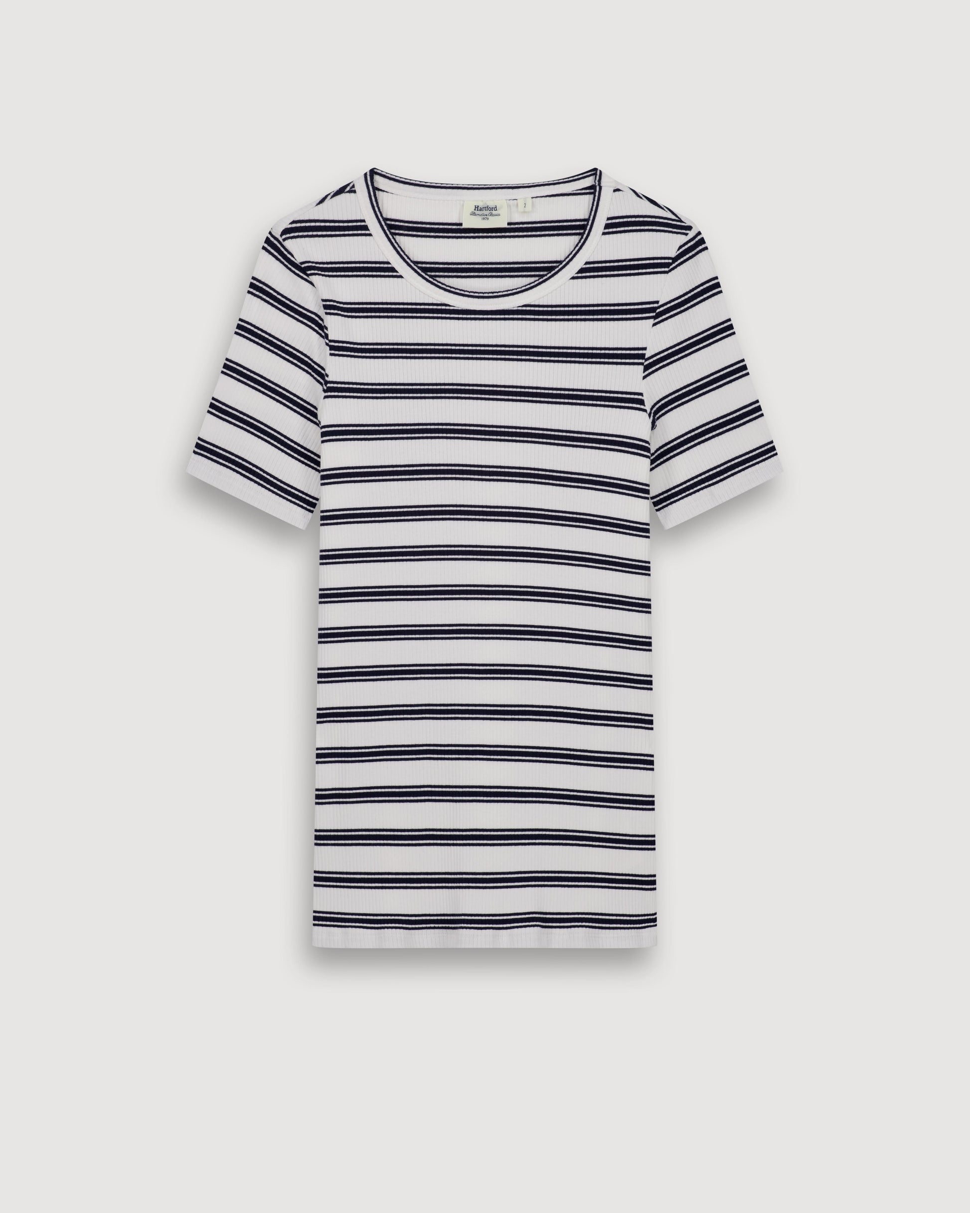 T-Shirt Femme en Coton Côtelé Ecru & Bleu Marine Telopea
