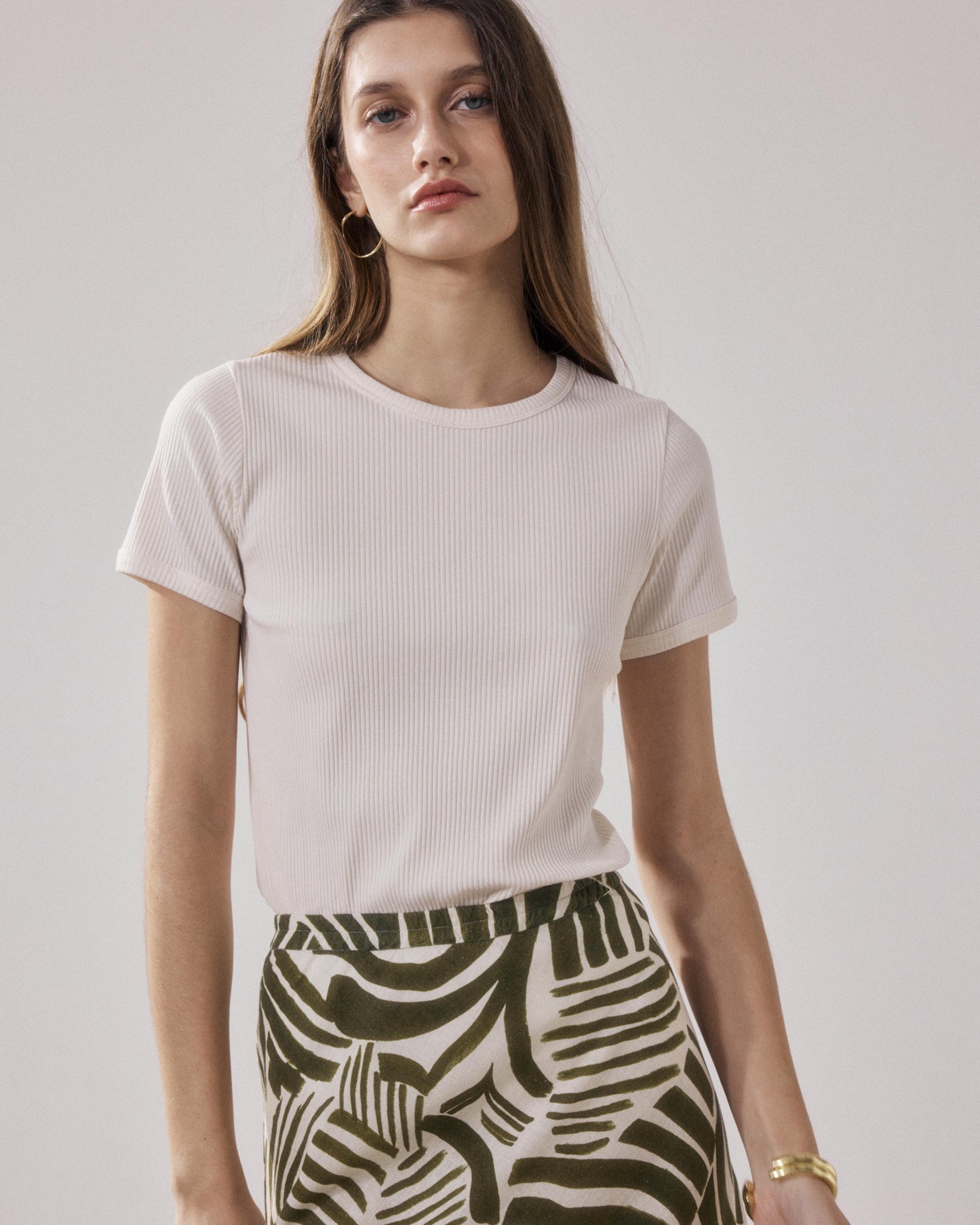 Dames T-shirt van ecru geribd katoen Tesoel