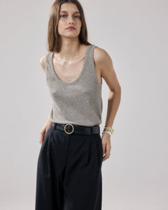 Dames-T-shirt van geribde Lurex & Viscose, beige Teloa