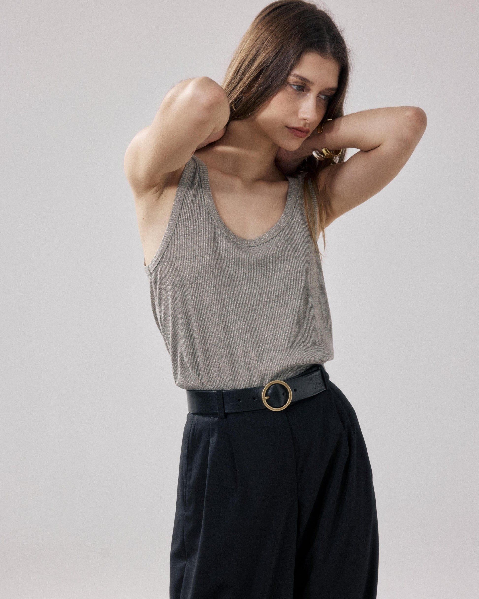 Dames-T-shirt van geribde Lurex & Viscose, beige Teloa