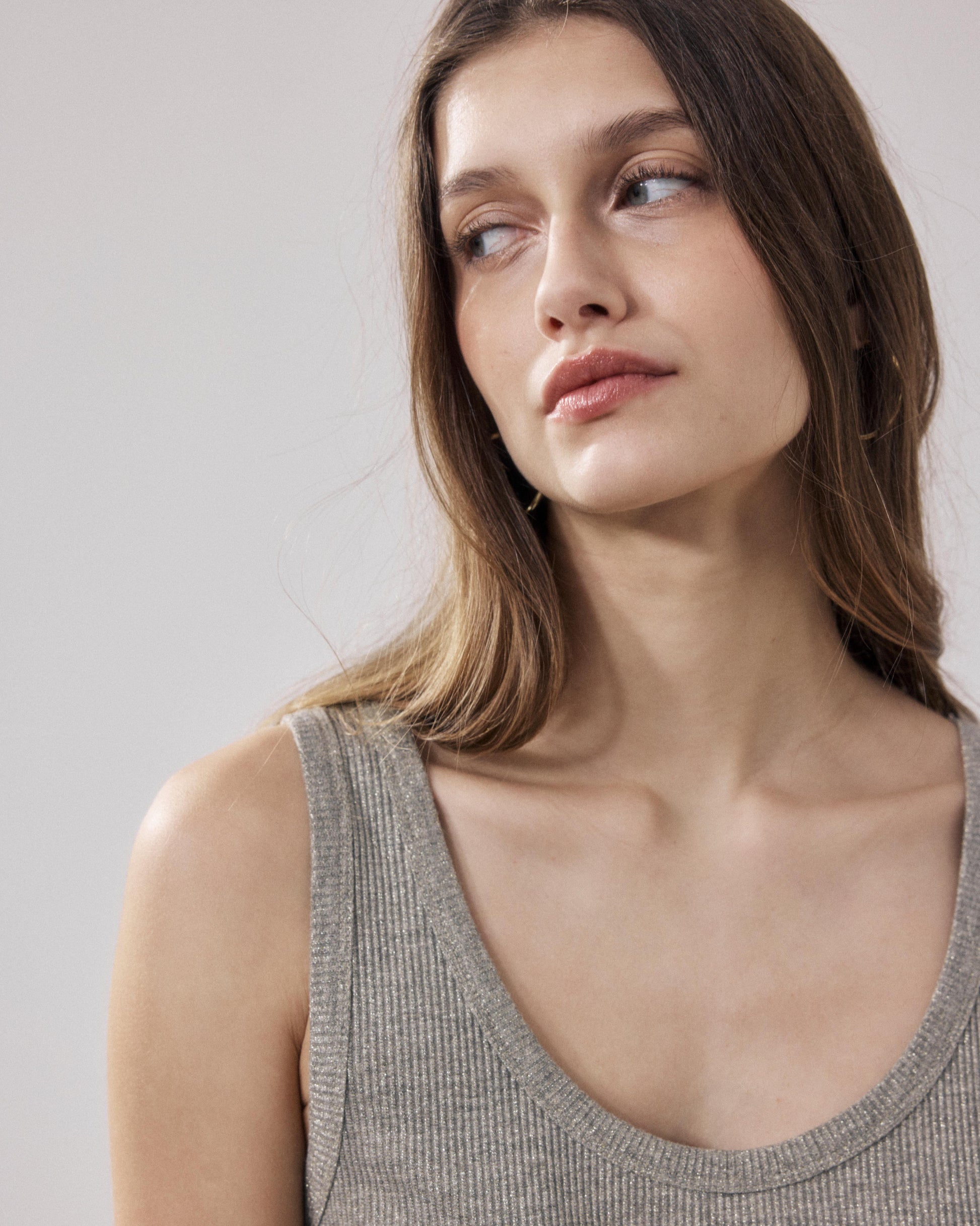 Dames-T-shirt van geribde Lurex & Viscose, beige Teloa