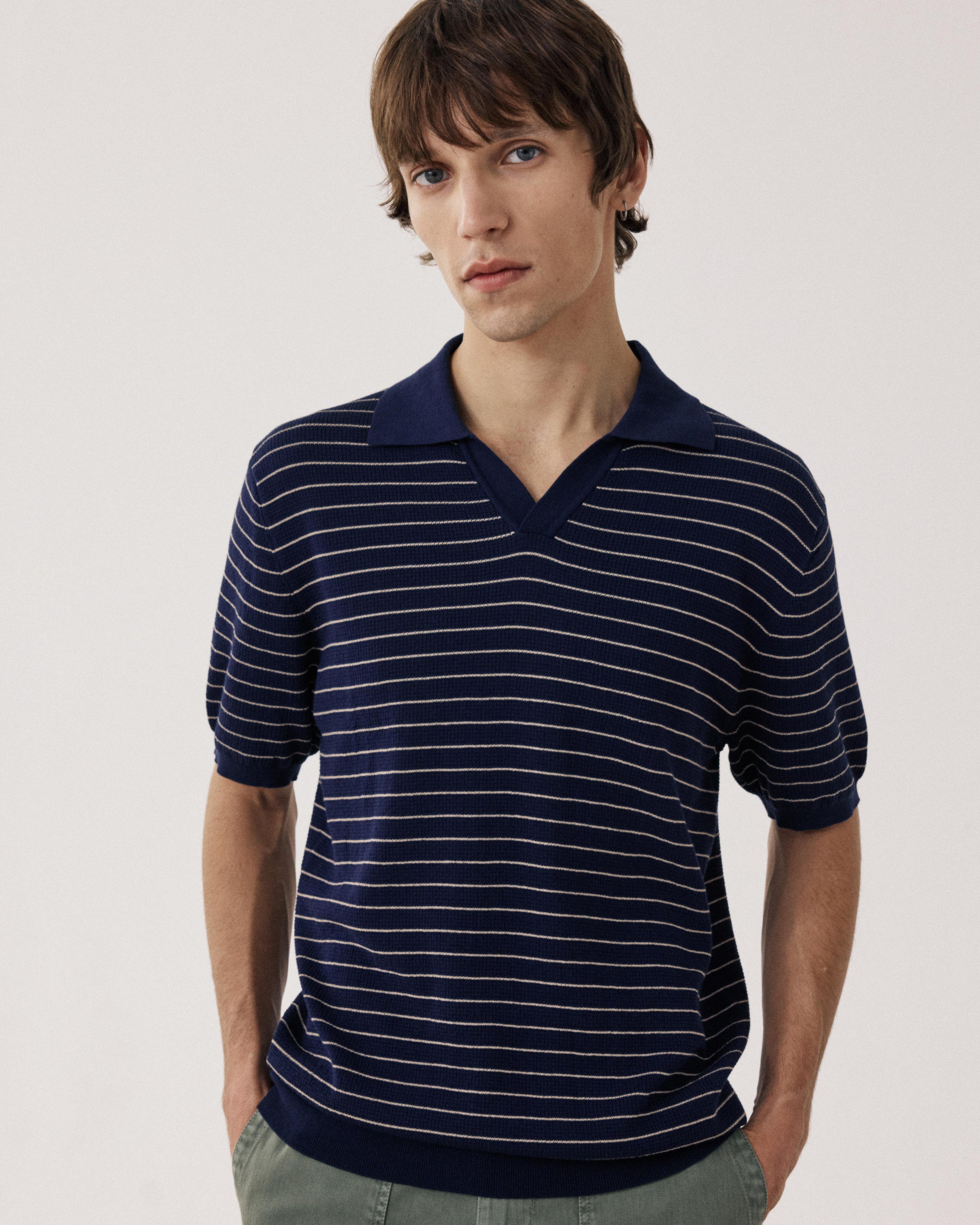 Polo Homme en maille de coton gaufré à rayures Bleu BFR1316-01