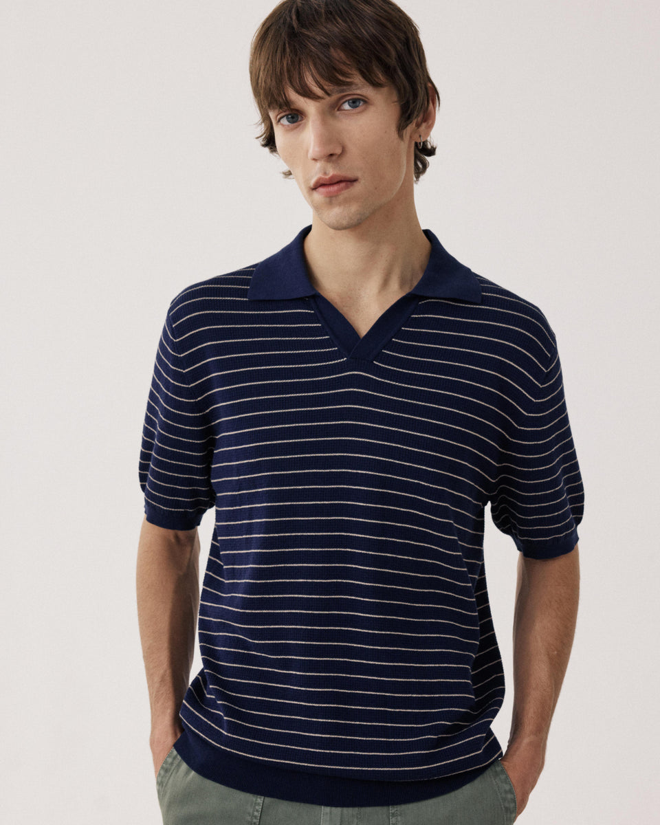 Waffle Men's Indigo Blue Cotton knit Polo - Image principale
