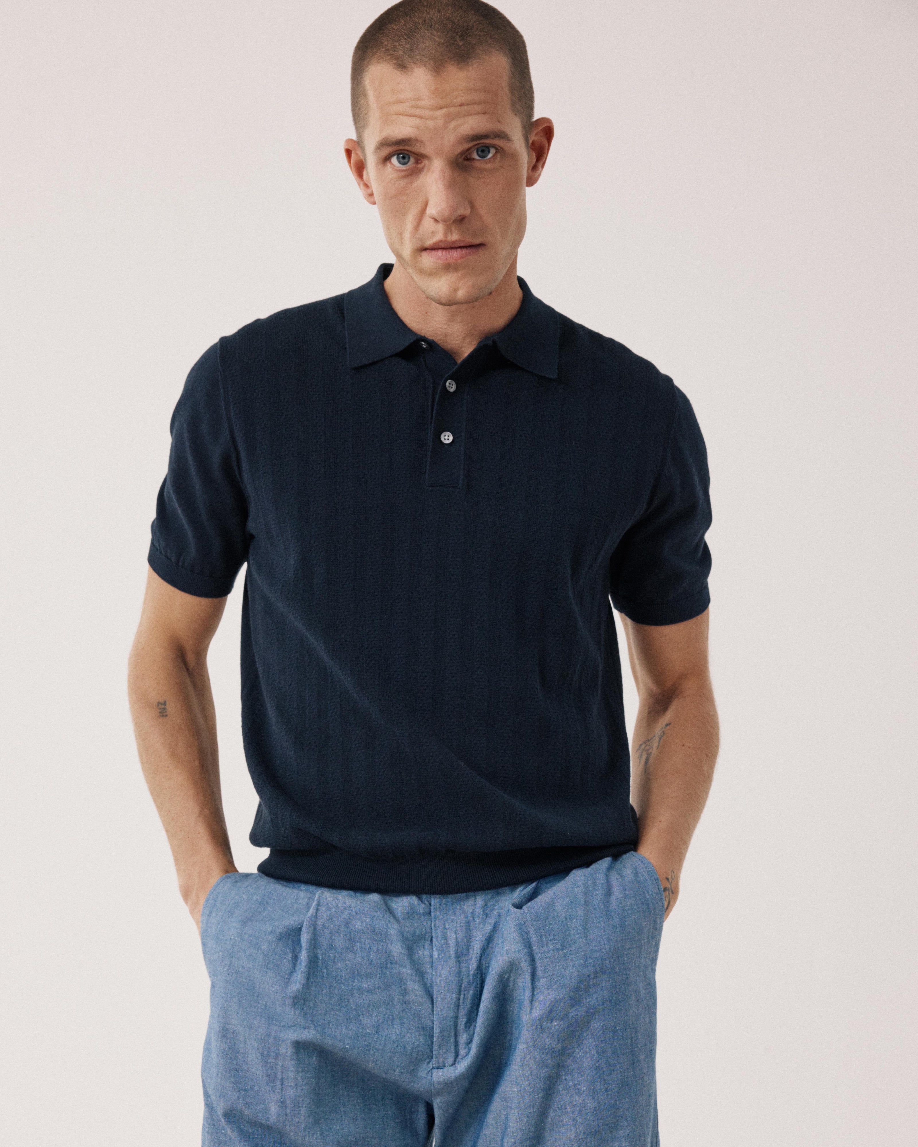 Polo Homme en maille retro Bleu Nuit BFR4318-02