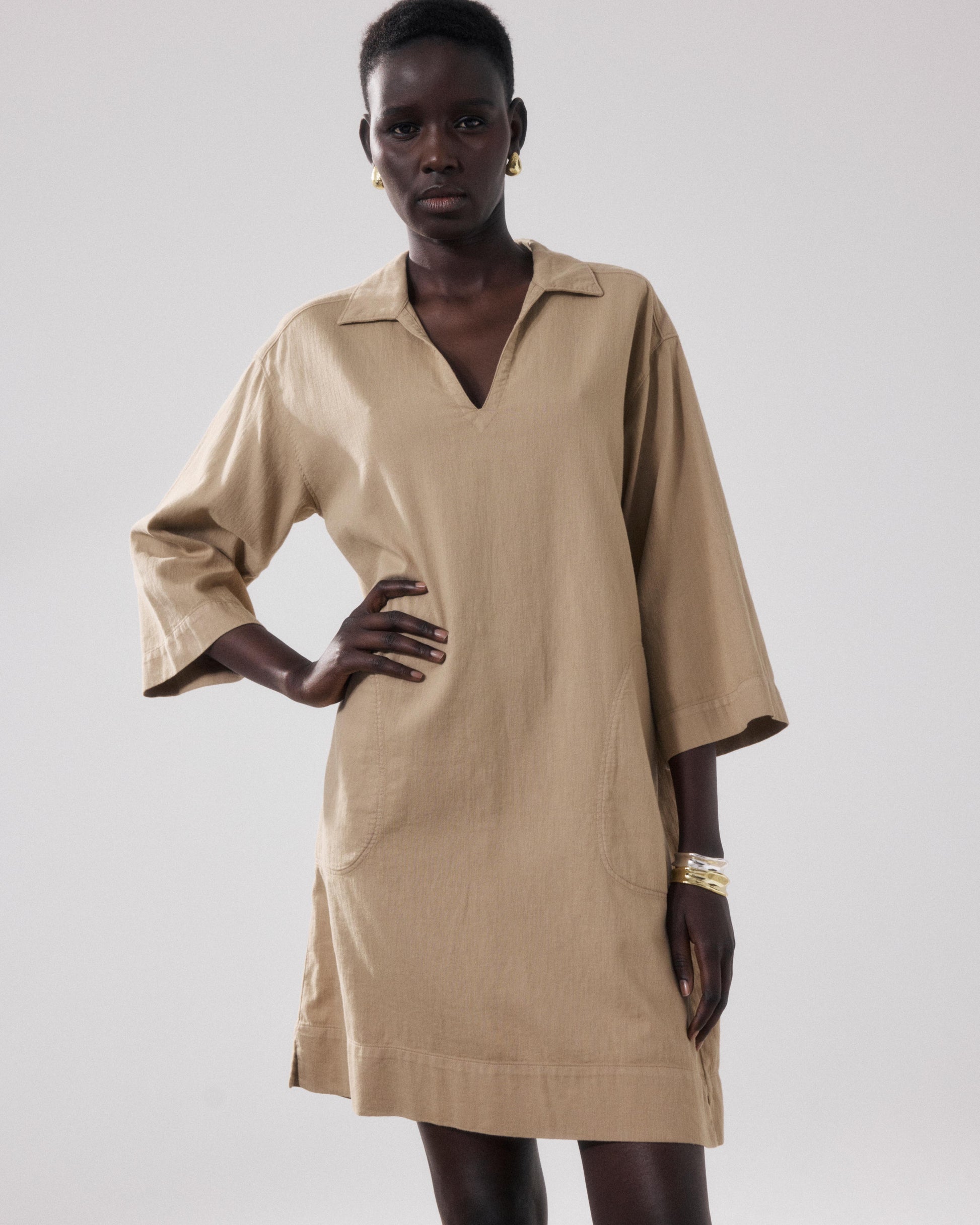 cotton beige dress Beige Cotton Blend Midi Dress - Fit and Flare Silhouette 3573