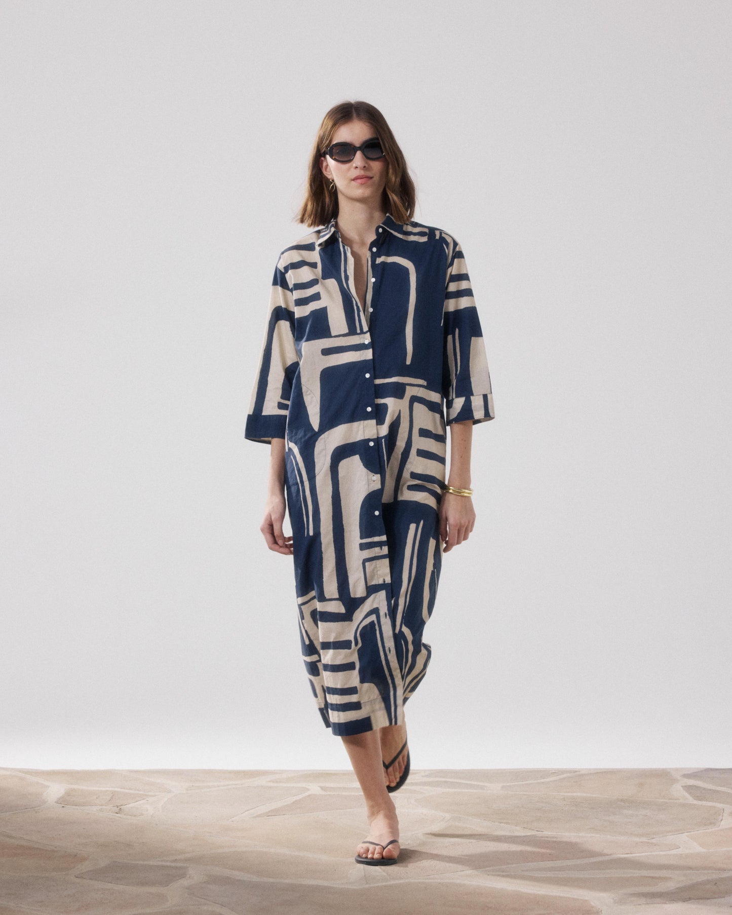 Women's Beige & Blue Printed Cotton Dress Reflexion BFRC626-02