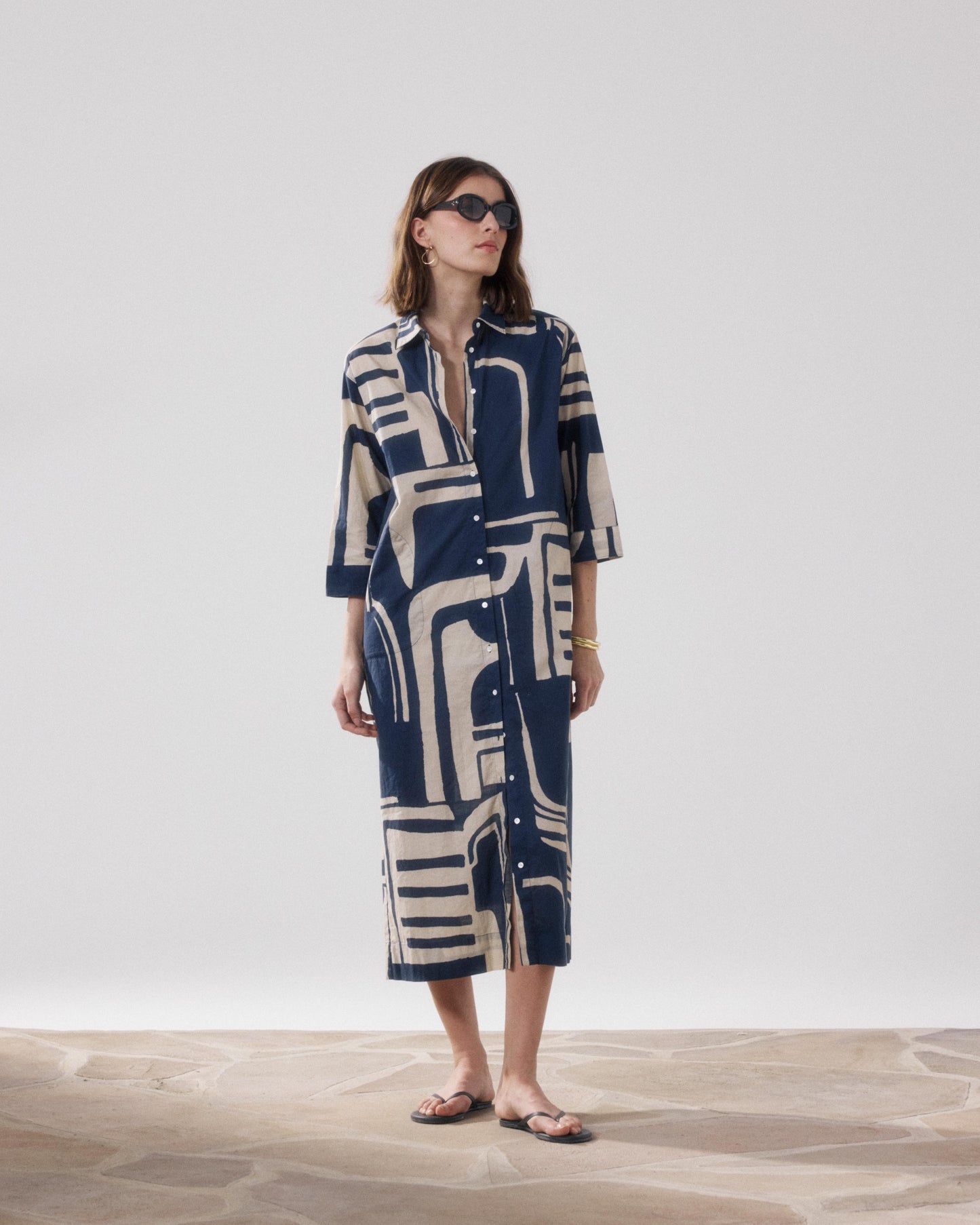 Women's Beige & Blue Printed Cotton Dress Reflexion BFRC626-02