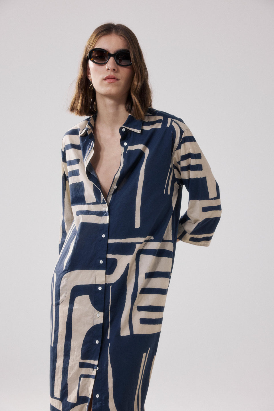 Vestido de algodón estampado beige & azul para mujer Reflexion - Image 3