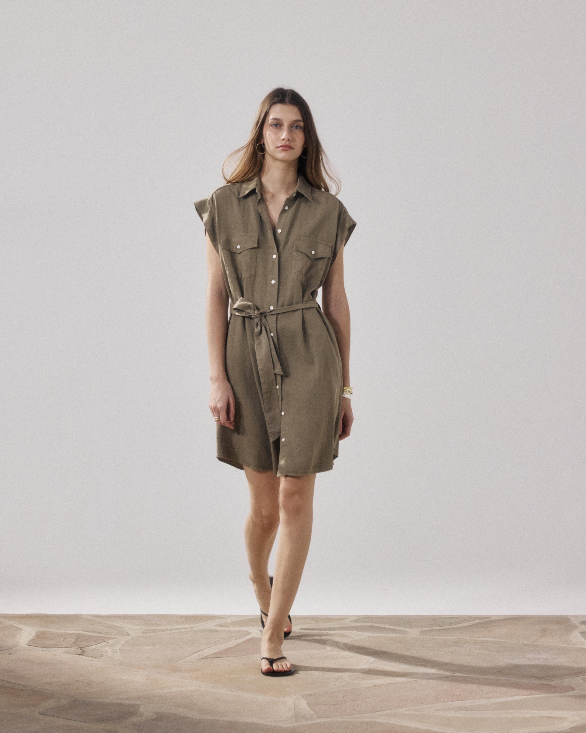 cotton khaki dress Milana Khaki Crinkle Cotton Dress
