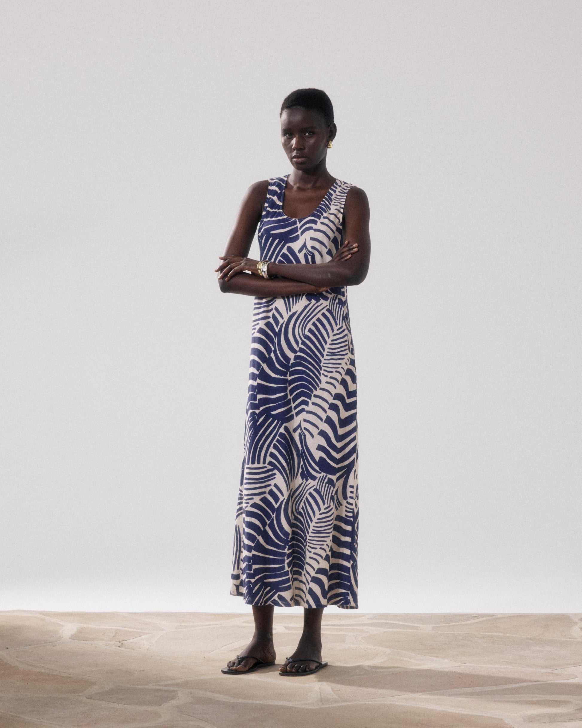 Rosabeth Women's Beige & Blue Printed Linen & Viscose Dress