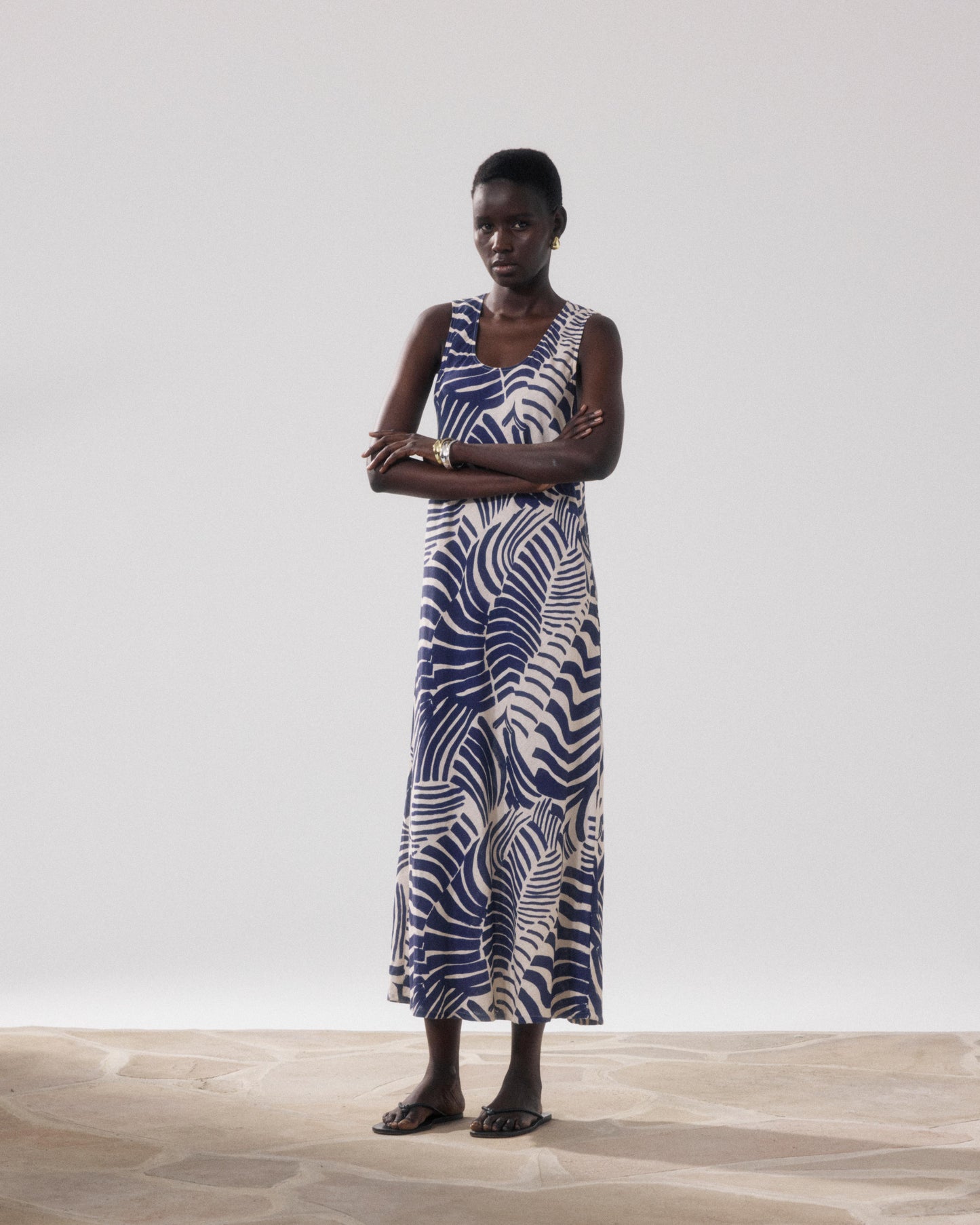 Robe Femme en Lin & Viscose Imprimé Beige & Bleu Rosabeth