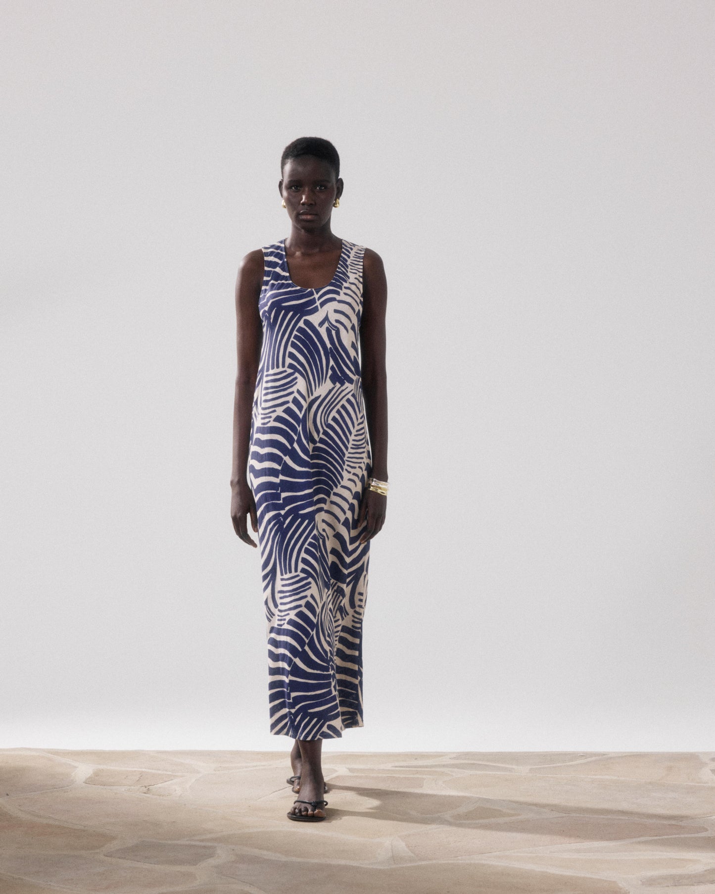 Robe Femme en Lin & Viscose Imprimé Beige & Bleu Rosabeth