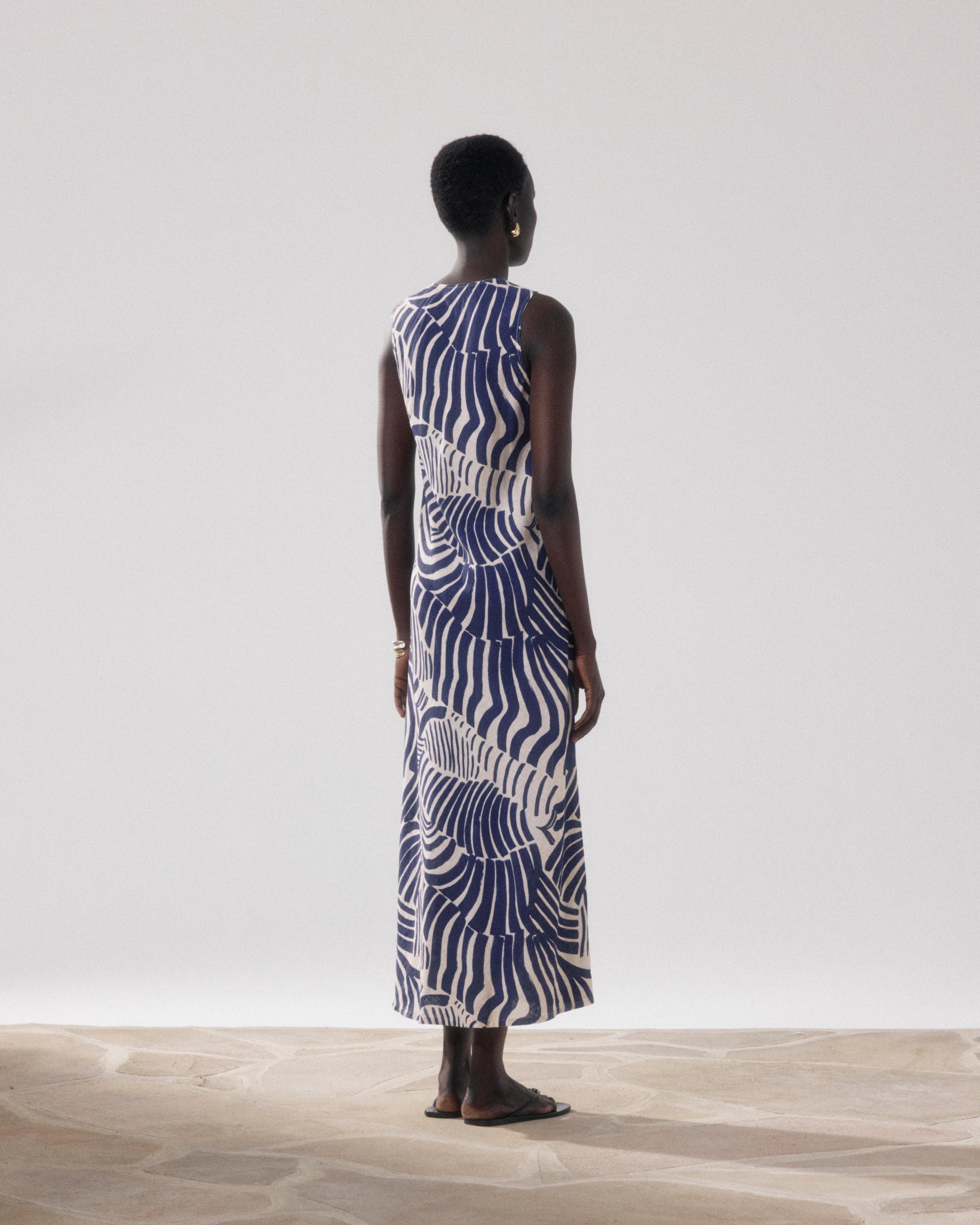 Robe Femme en Lin & Viscose Imprimé Beige & Bleu Rosabeth