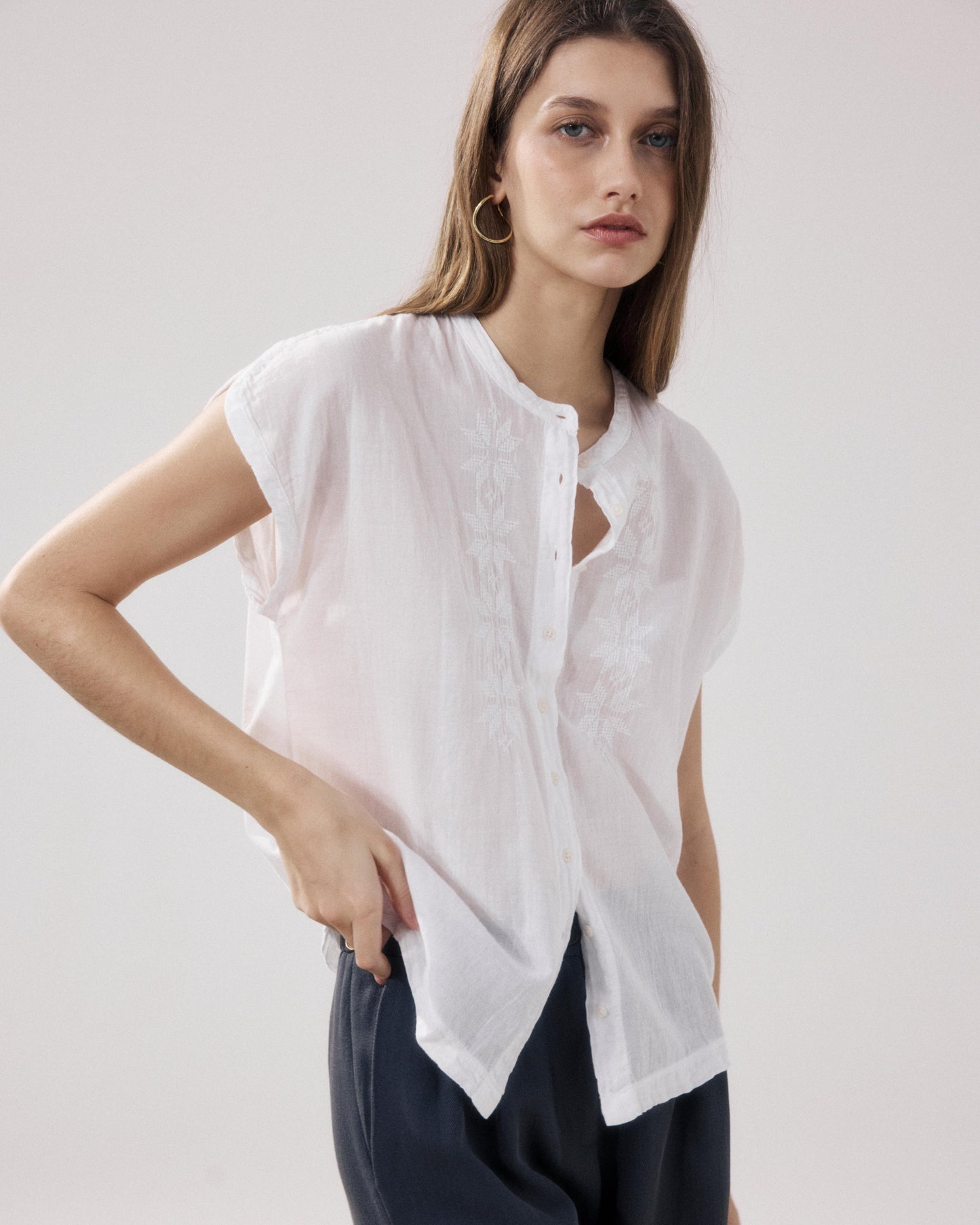 Women's White Teza Bi-fabric Cotton Shirt