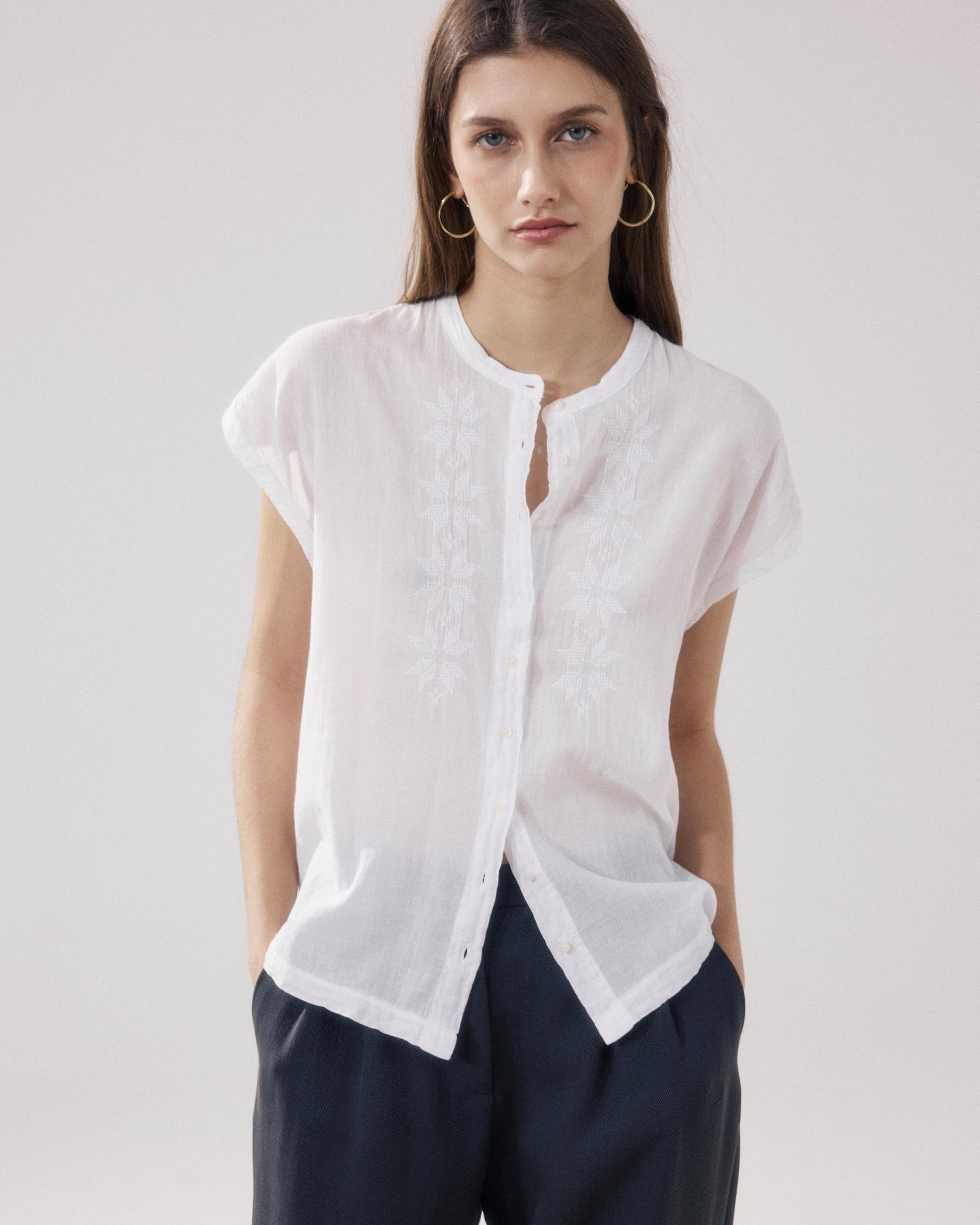 Women's White Teza Bi-fabric Cotton Shirt