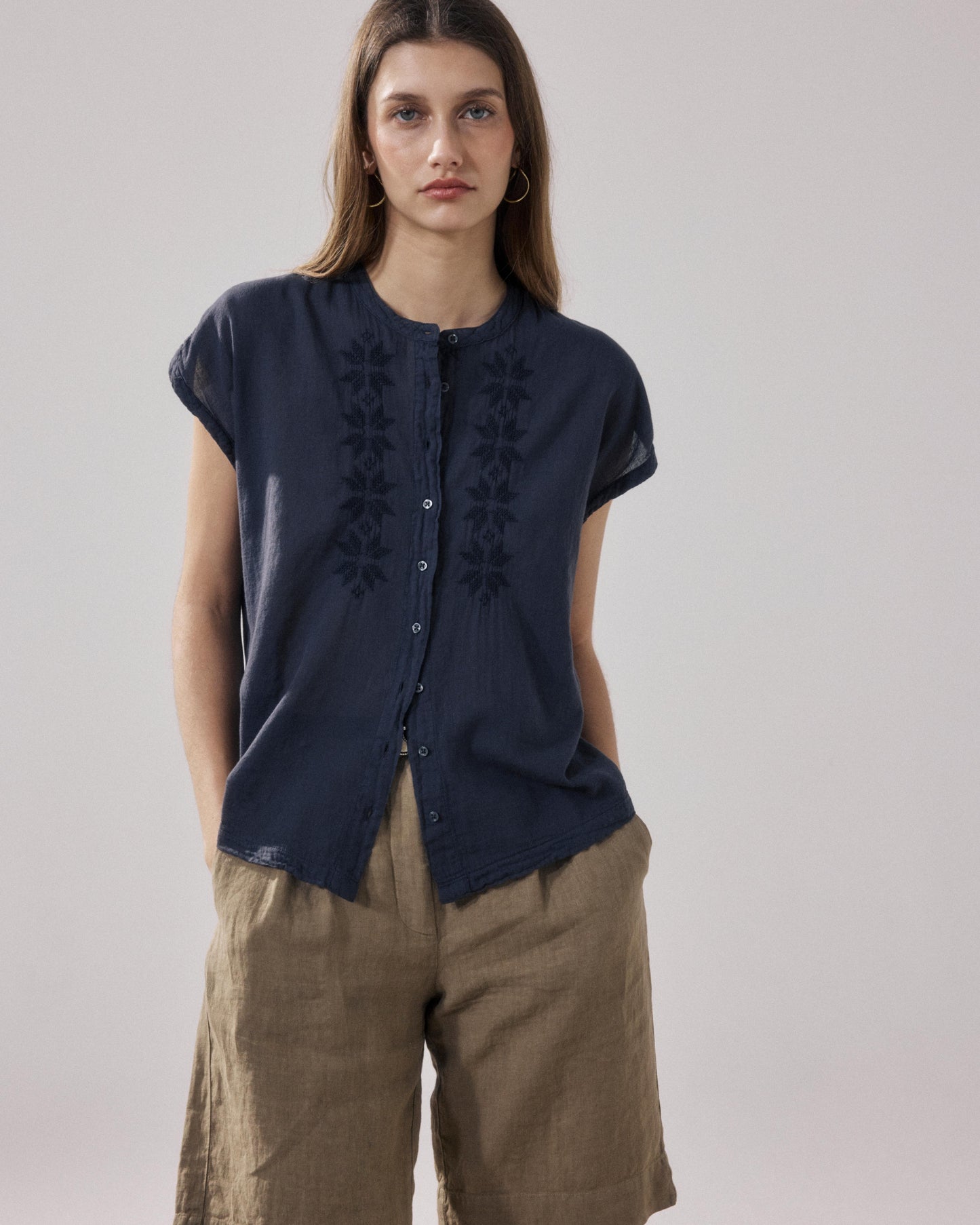 Women's Bi-fabric Cotton Shirt in Charcoal Teza