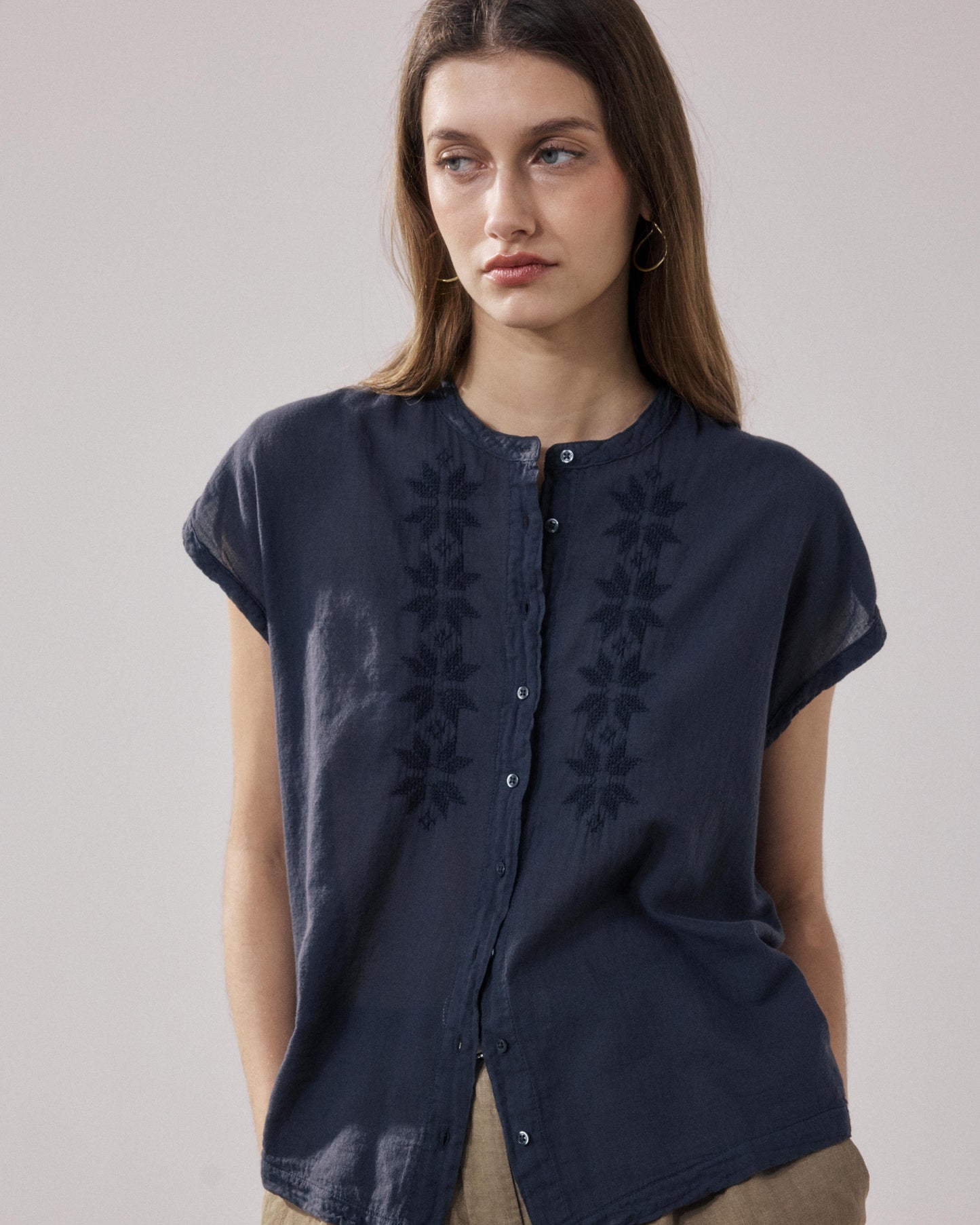 Women's Bi-fabric Cotton Shirt in Charcoal Teza