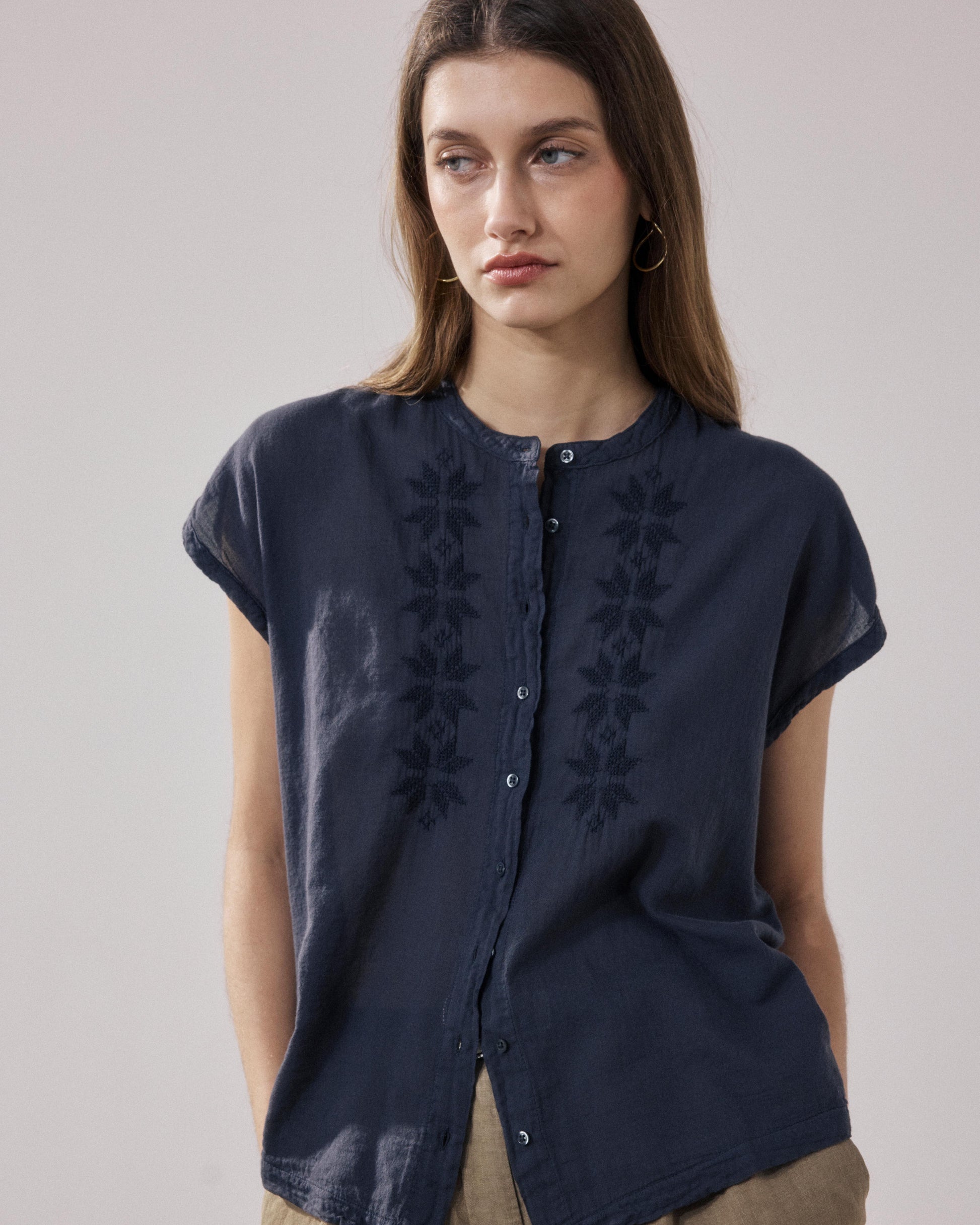 Women's Bi-fabric Cotton Shirt in Charcoal Teza