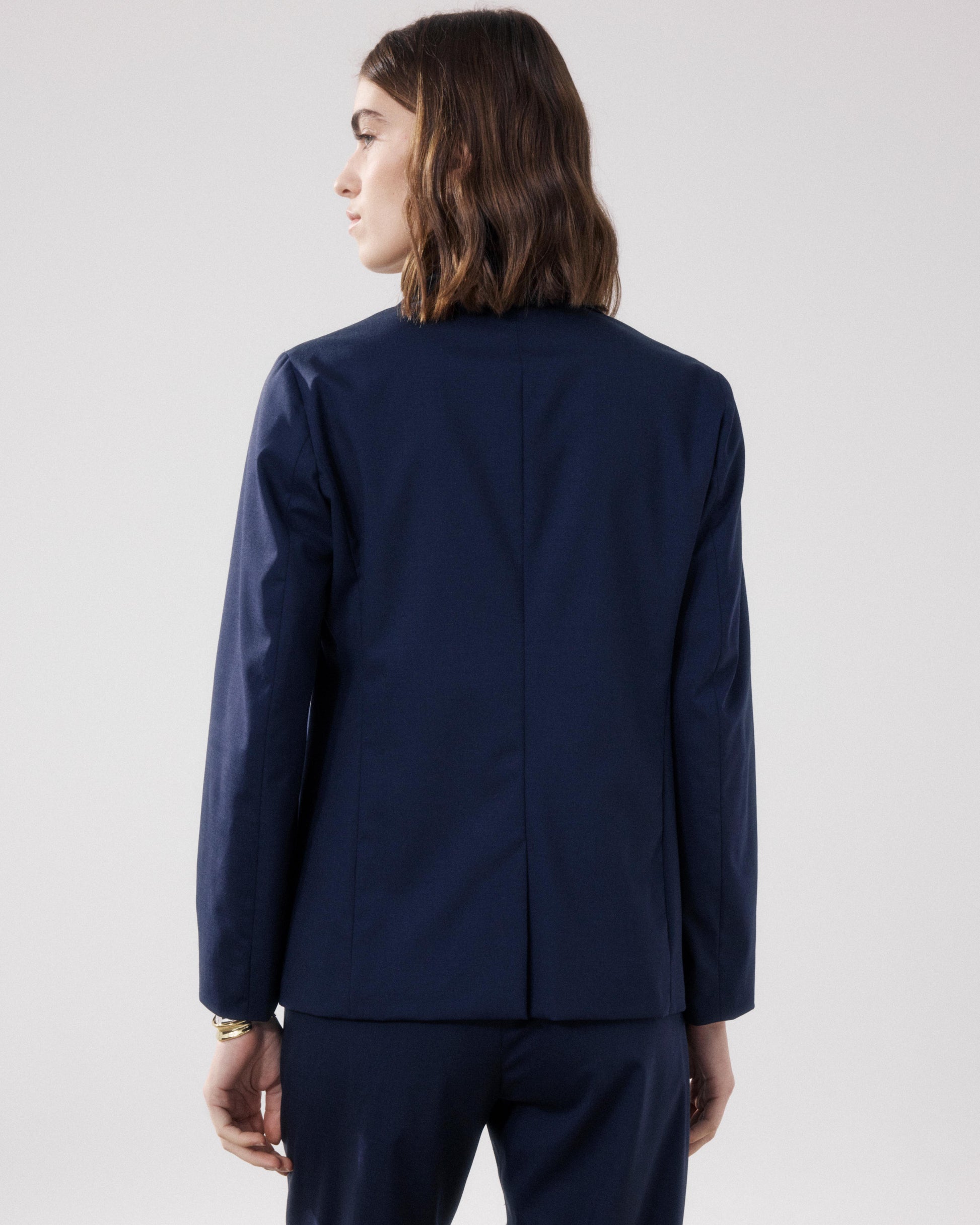 womens navy blue dress jacket Miss Circle Women's Tahlia Deep V Pinstripes Navy Blue Blazer Dress with scarf collar