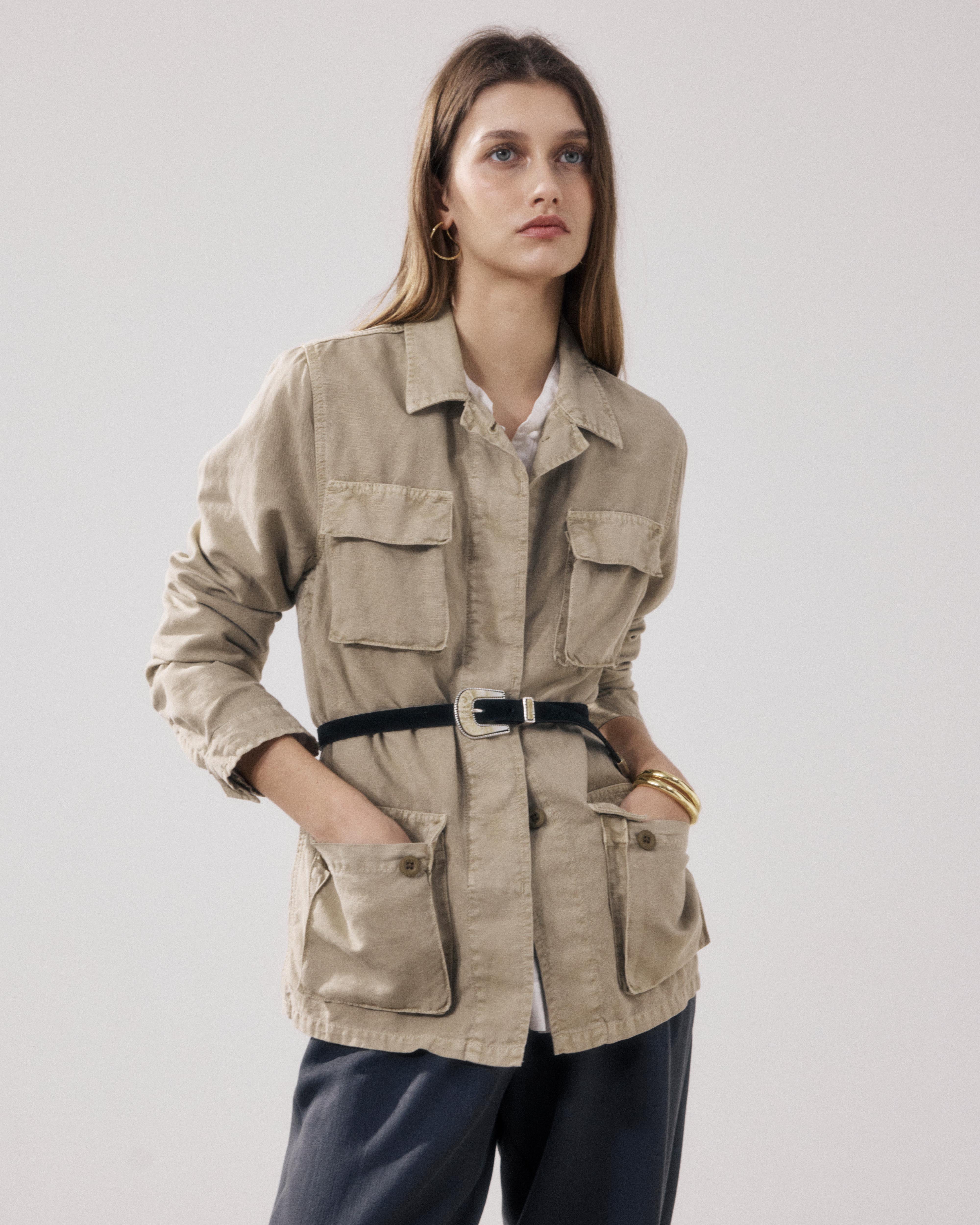 Veste Femme en Toile De Lin & Coton Khaki Vea BFVT557-02 - Veste