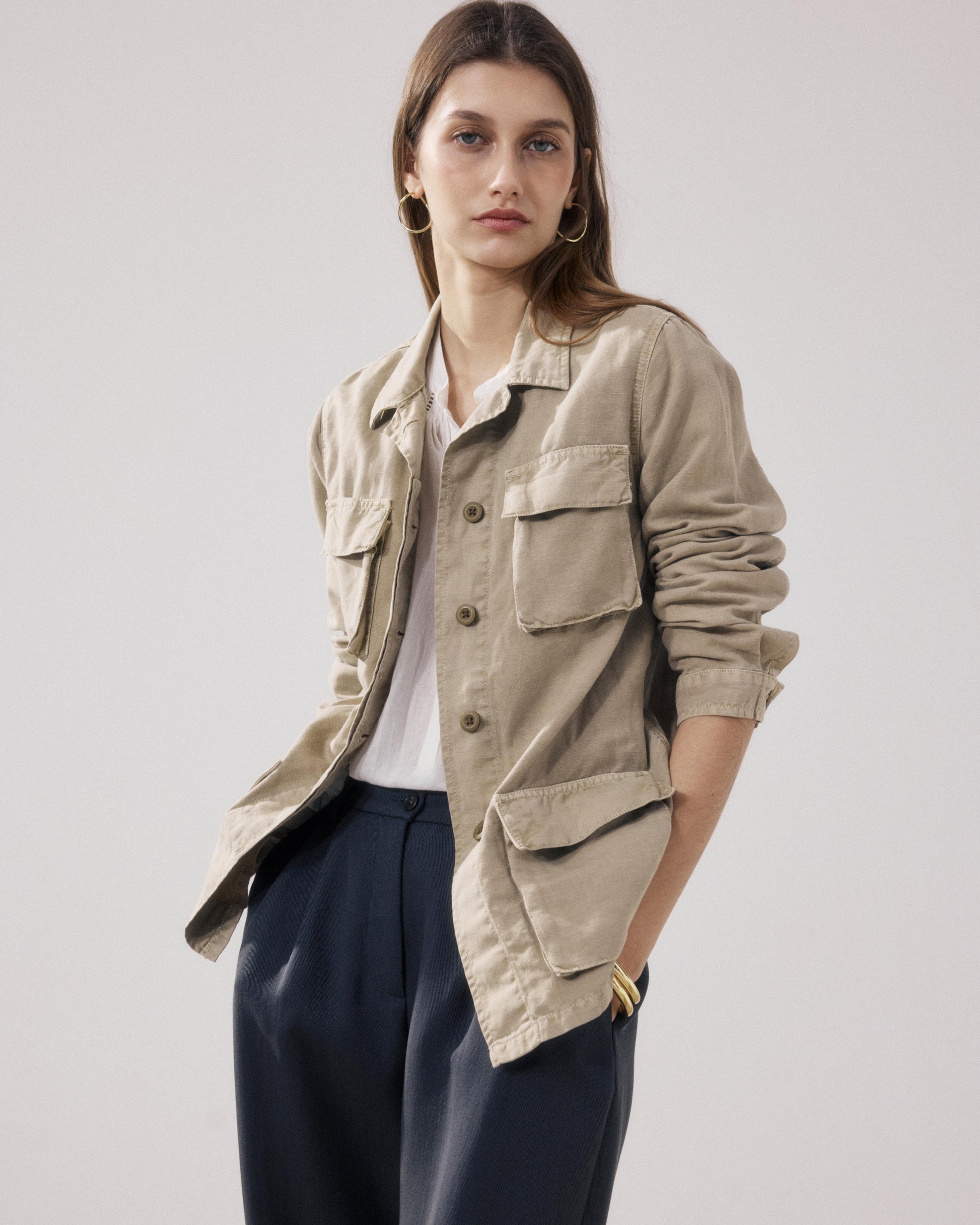 Women's Khaki Linen & Cotton Jacket Vea BFVT557-02