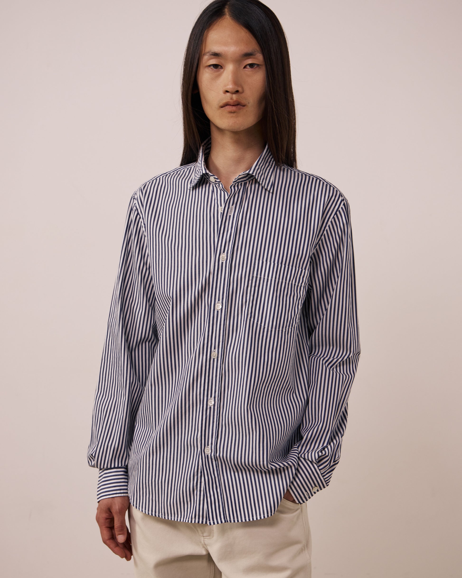 Chemise Homme en Popeline à Rayures Bleu Marine Paul