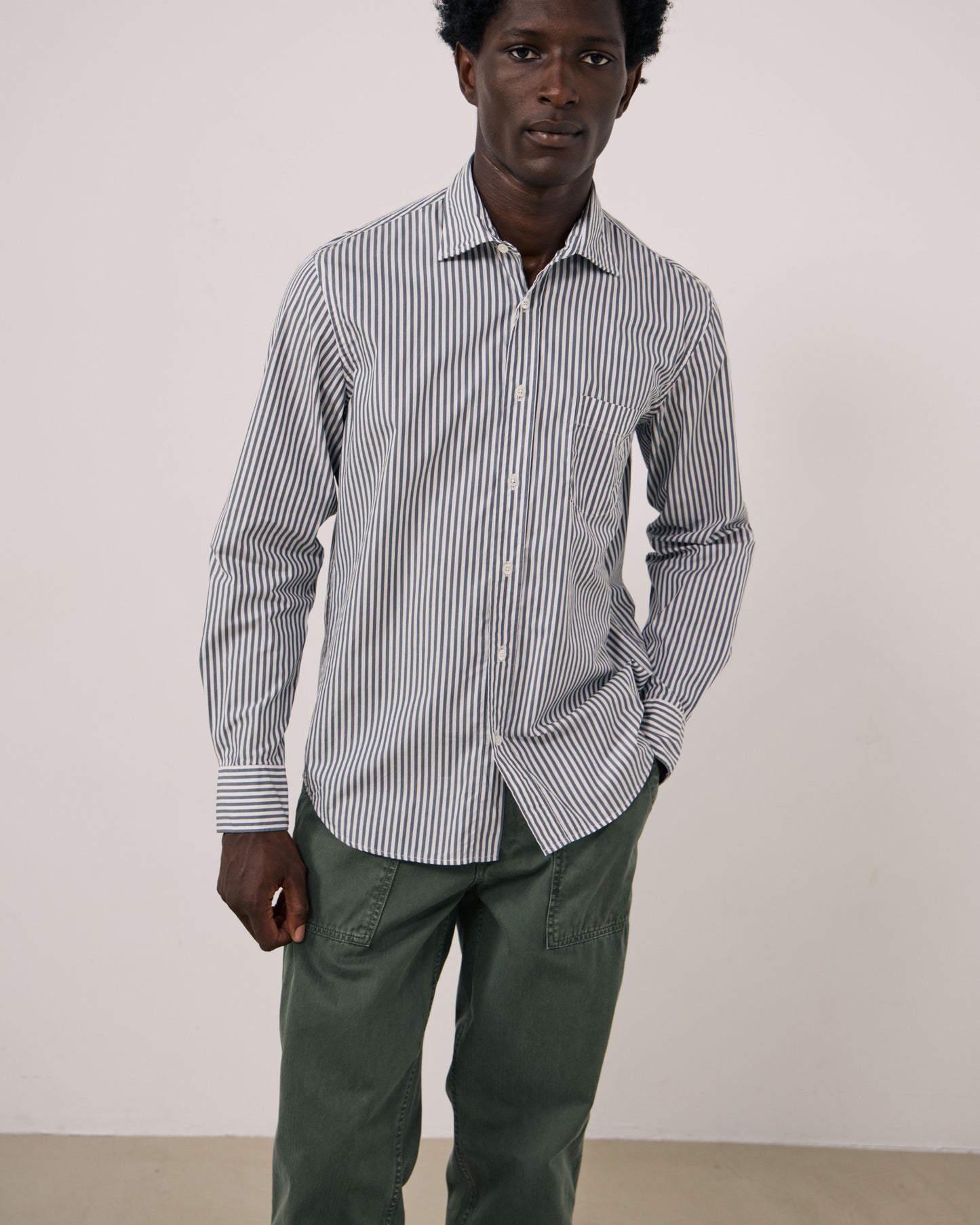 Chemise Homme en Popeline à Rayures Vert de gris Paul