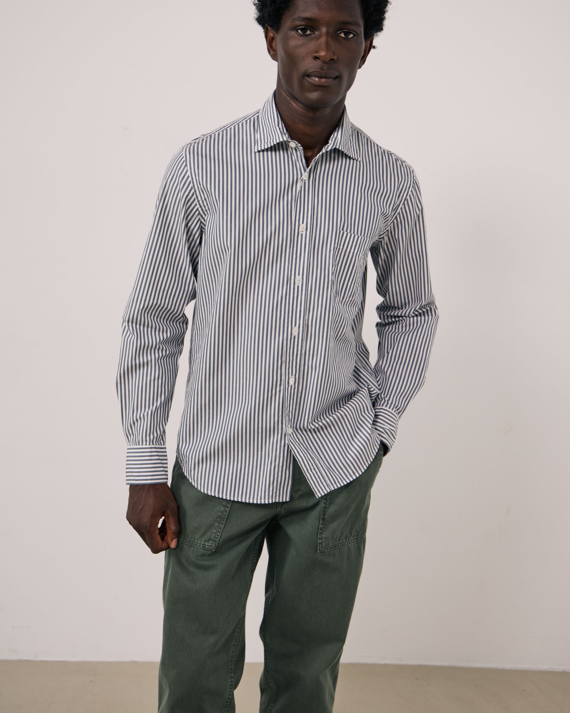 Chemise Homme en Popeline à Rayures Vert de gris Paul