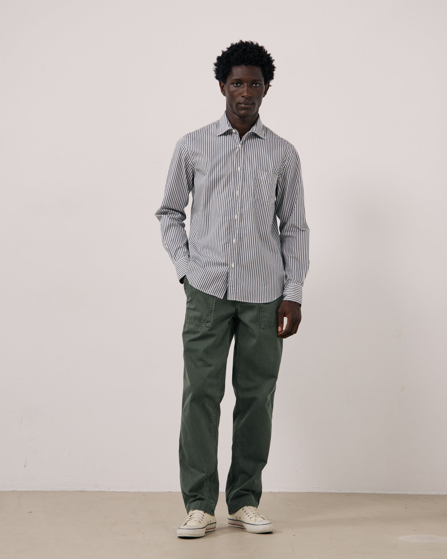 Chemise Homme en Popeline à Rayures Vert de gris Paul