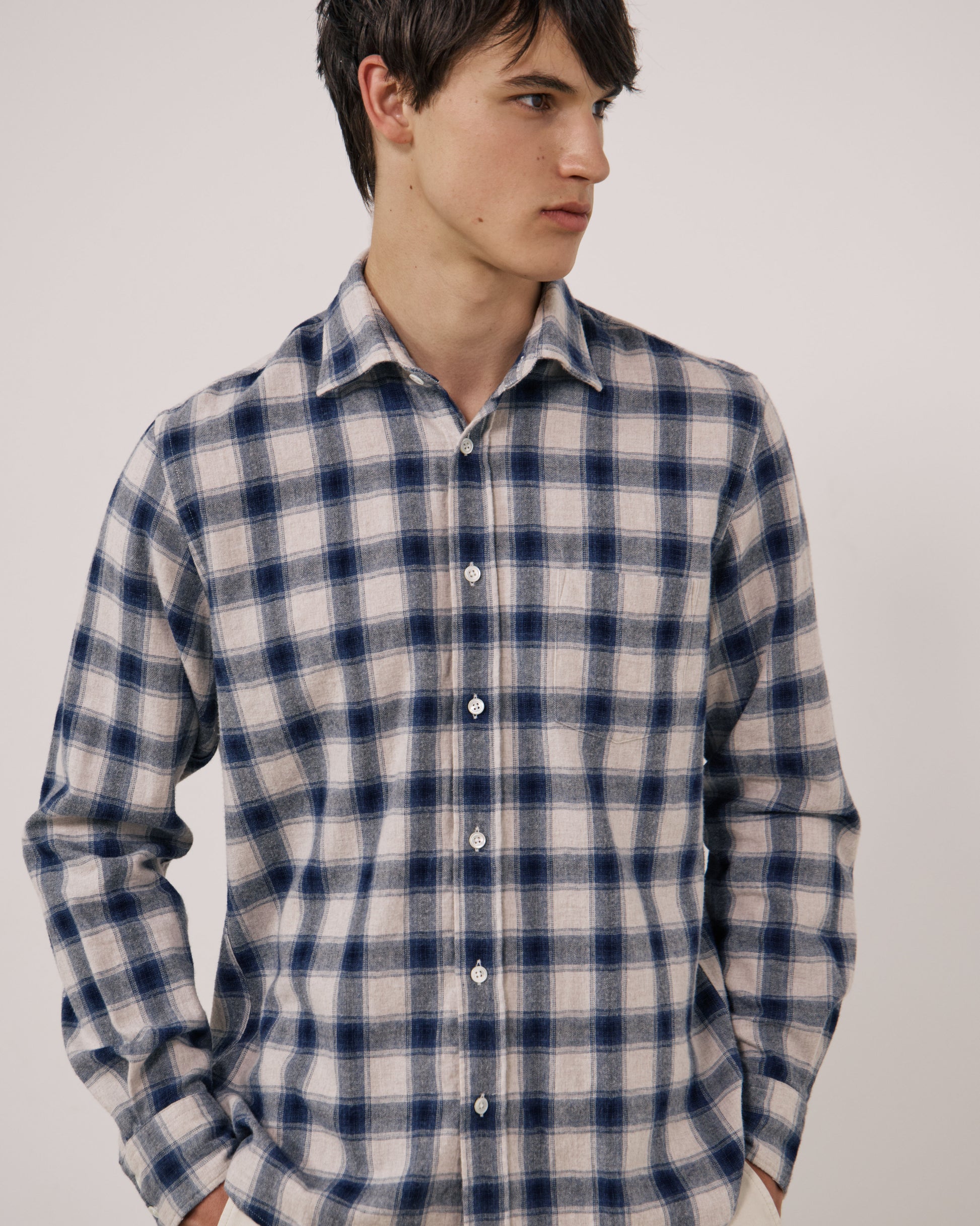 Chemise Homme en Flanelle à Carreaux Ecru & Bleu Paul