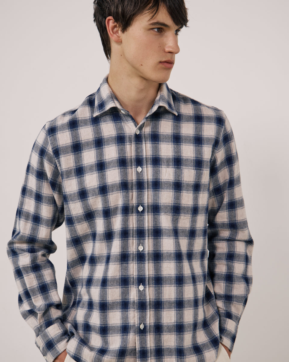 Herrenhemd aus kariertem Flanell in Ecru & Blau Paul - Image principale