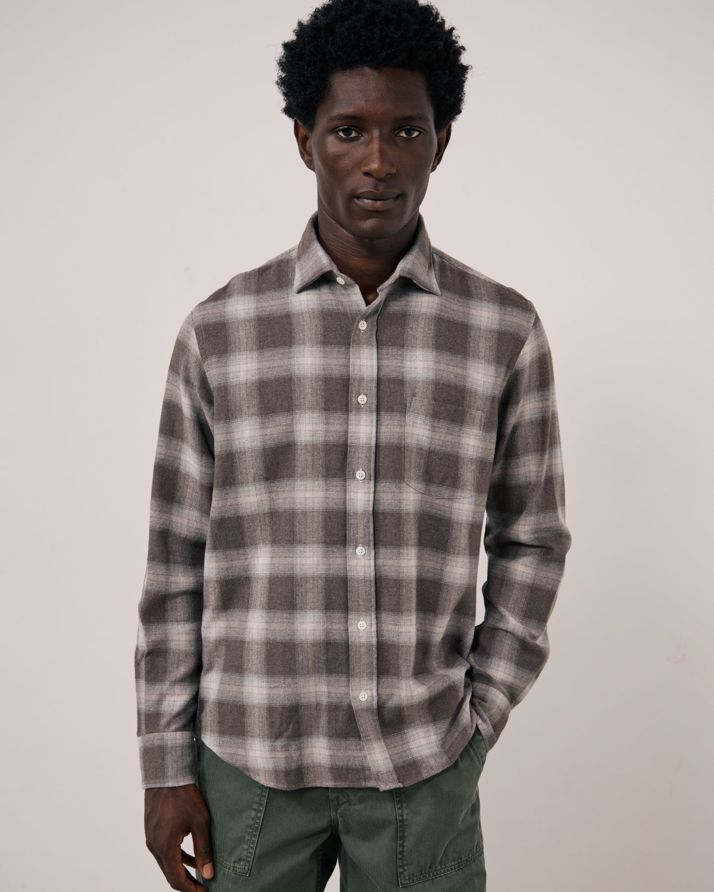 Chemise Homme en Tencel & Coton Brossé à Carreaux Marron Paul
