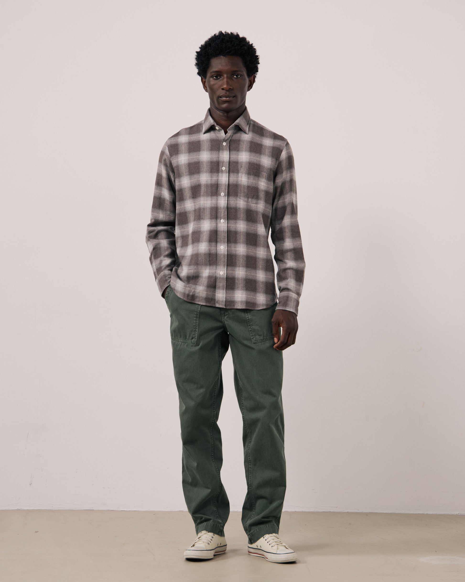 Chemise Homme en Tencel & Coton Brossé à Carreaux Marron Paul