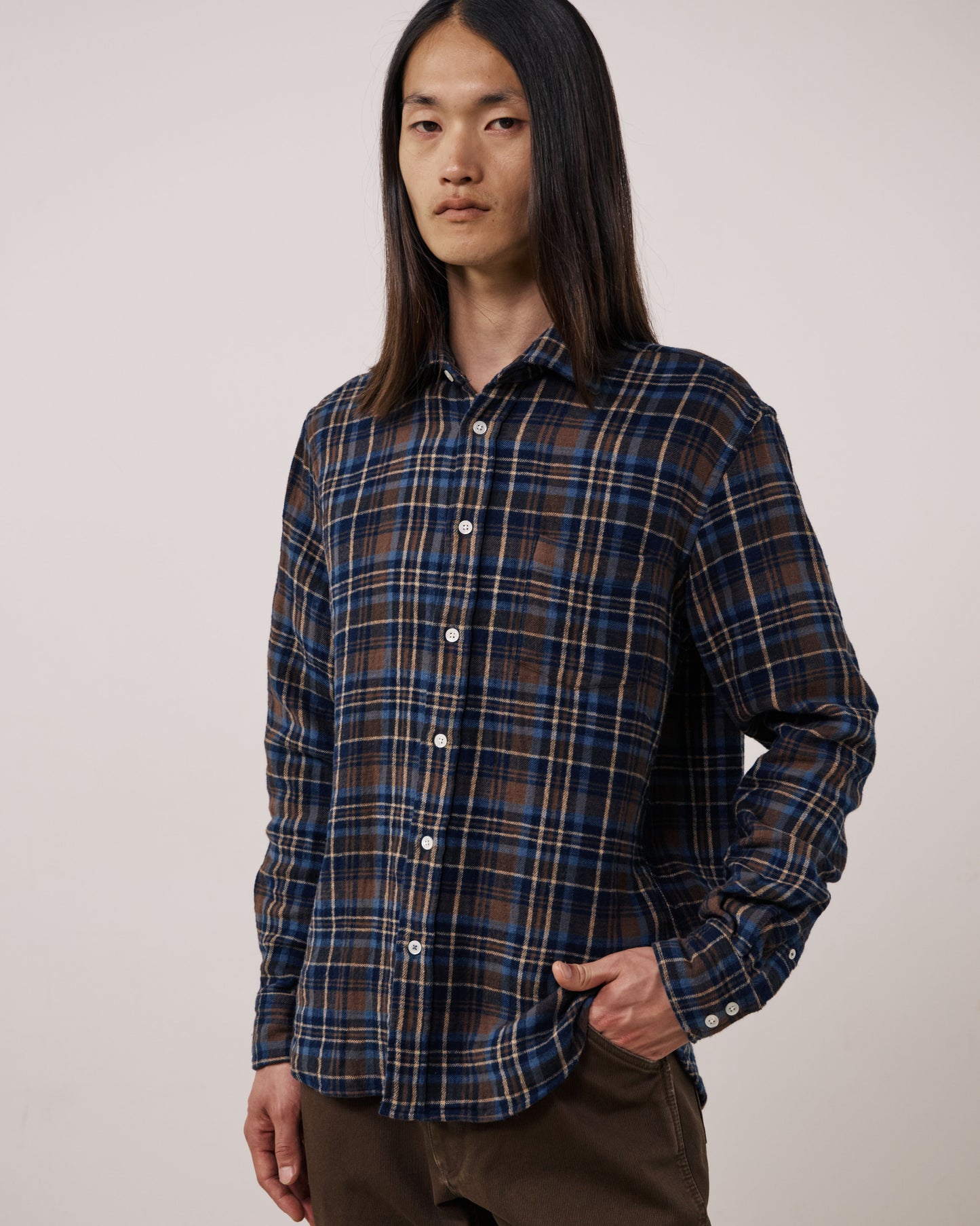 Chemise Homme en Coton Double Face à Carreaux Marron & Bleu à Carreaux Paul