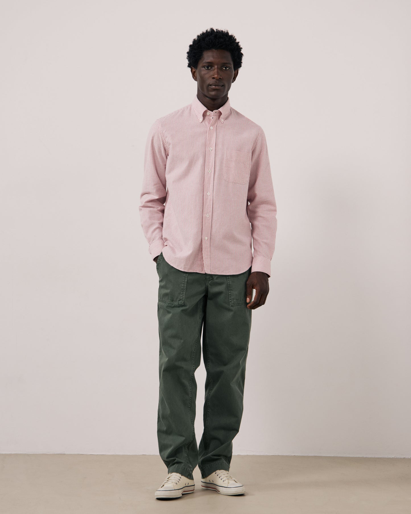 Chemise Homme en Oxford Brossé à Rayures Rouge Pitt