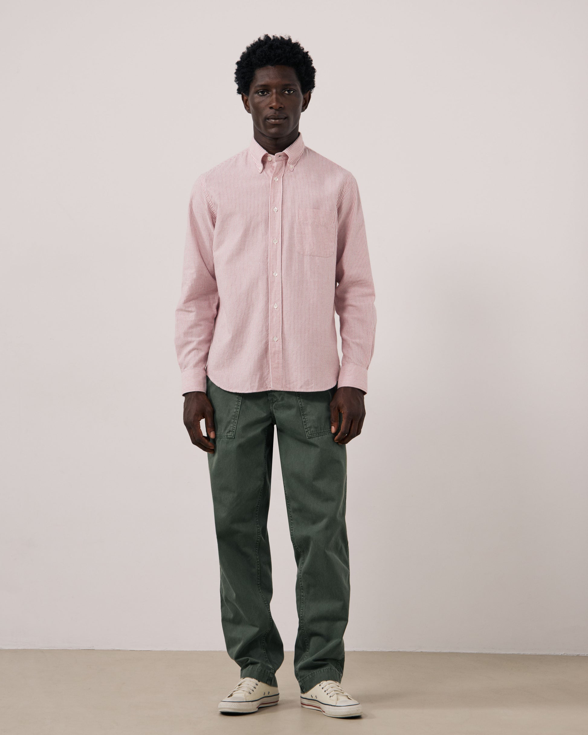 Chemise Homme en Oxford Brossé à Rayures Rouge Pitt