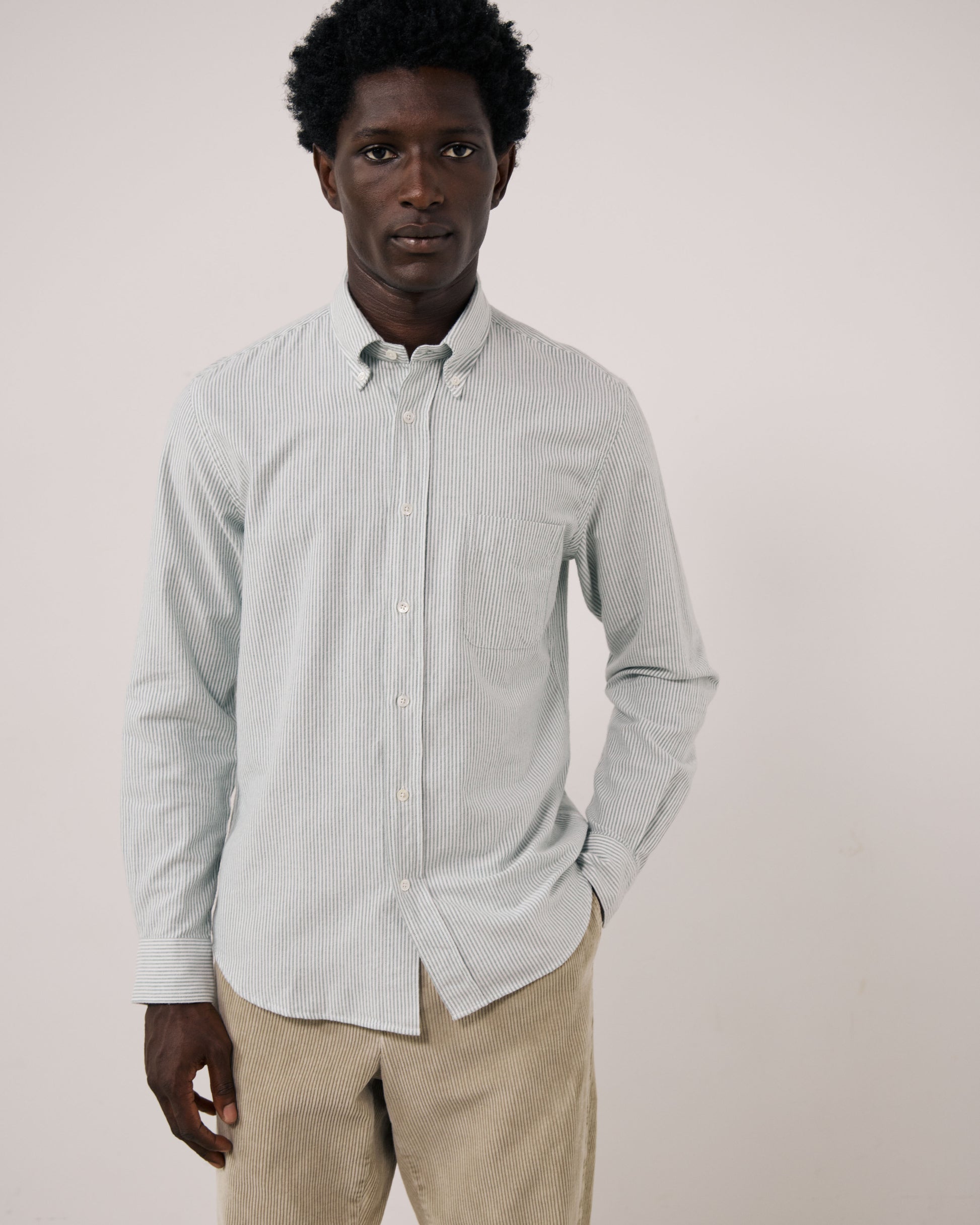 Chemise Homme en Oxford Brossé à Rayures Vert Pitt