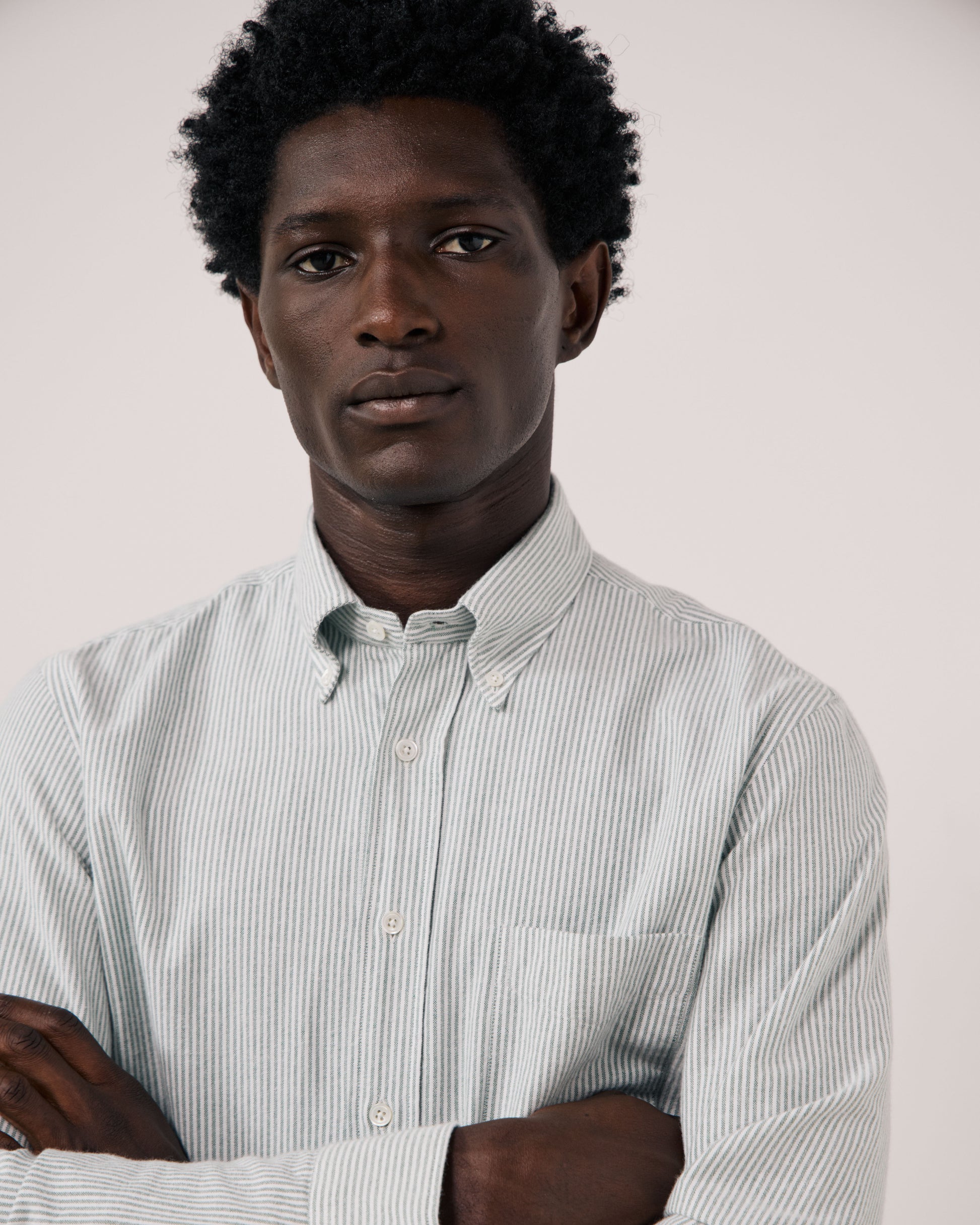 Chemise Homme en Oxford Brossé à Rayures Vert Pitt
