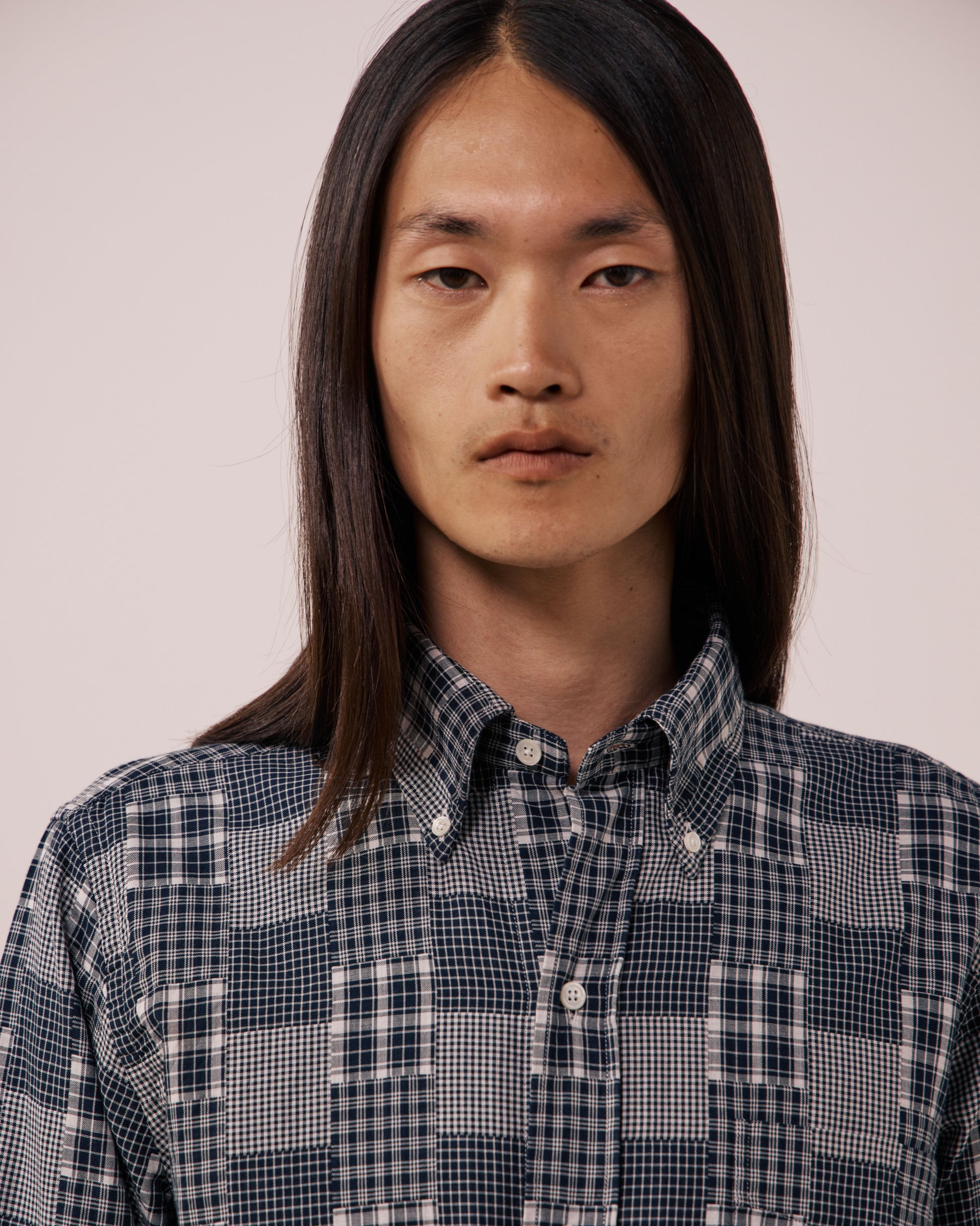 Chemise Homme en Coton Patchwork à Carreaux Carbone Ocbd