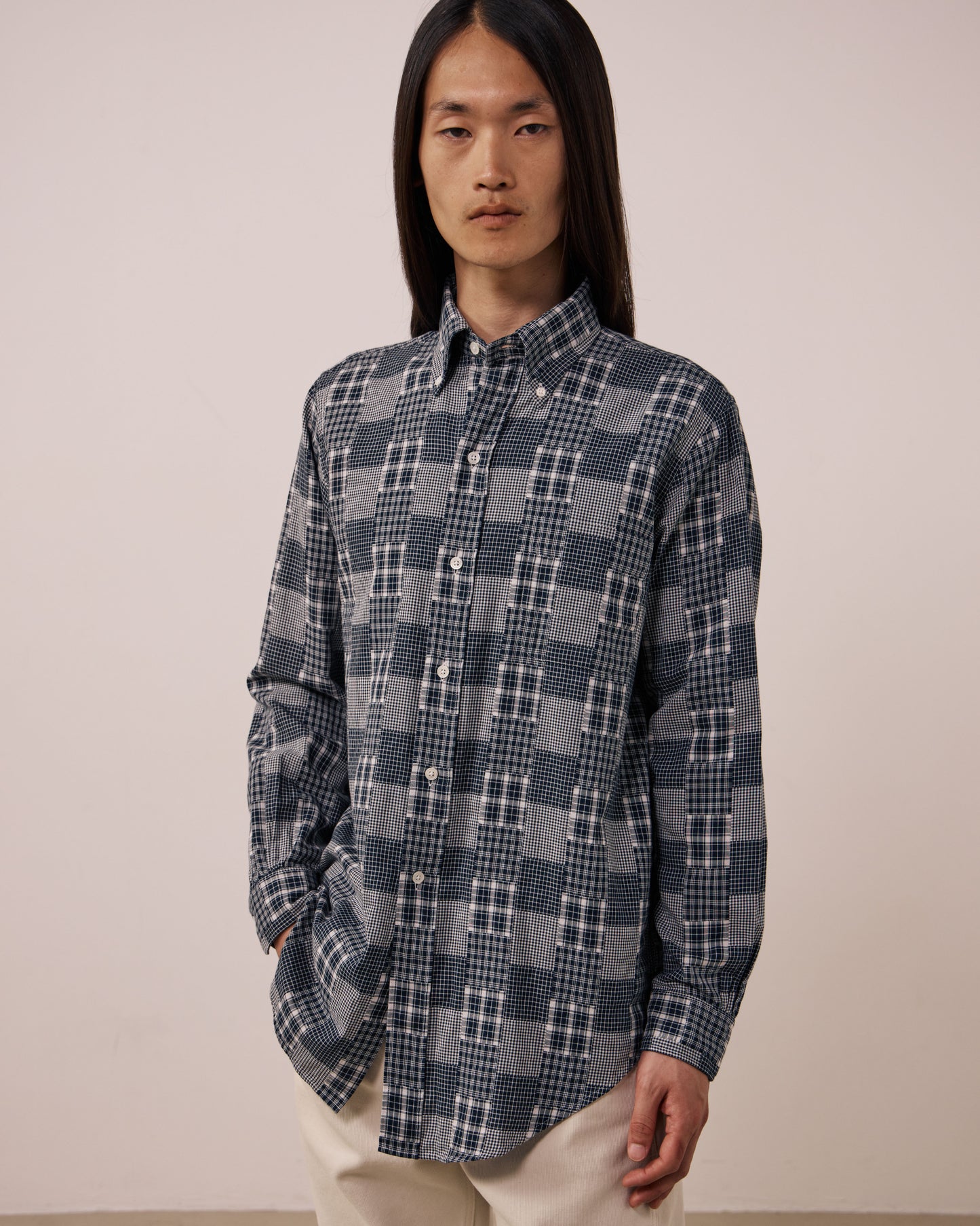 Chemise Homme en Coton Patchwork à Carreaux Carbone Ocbd