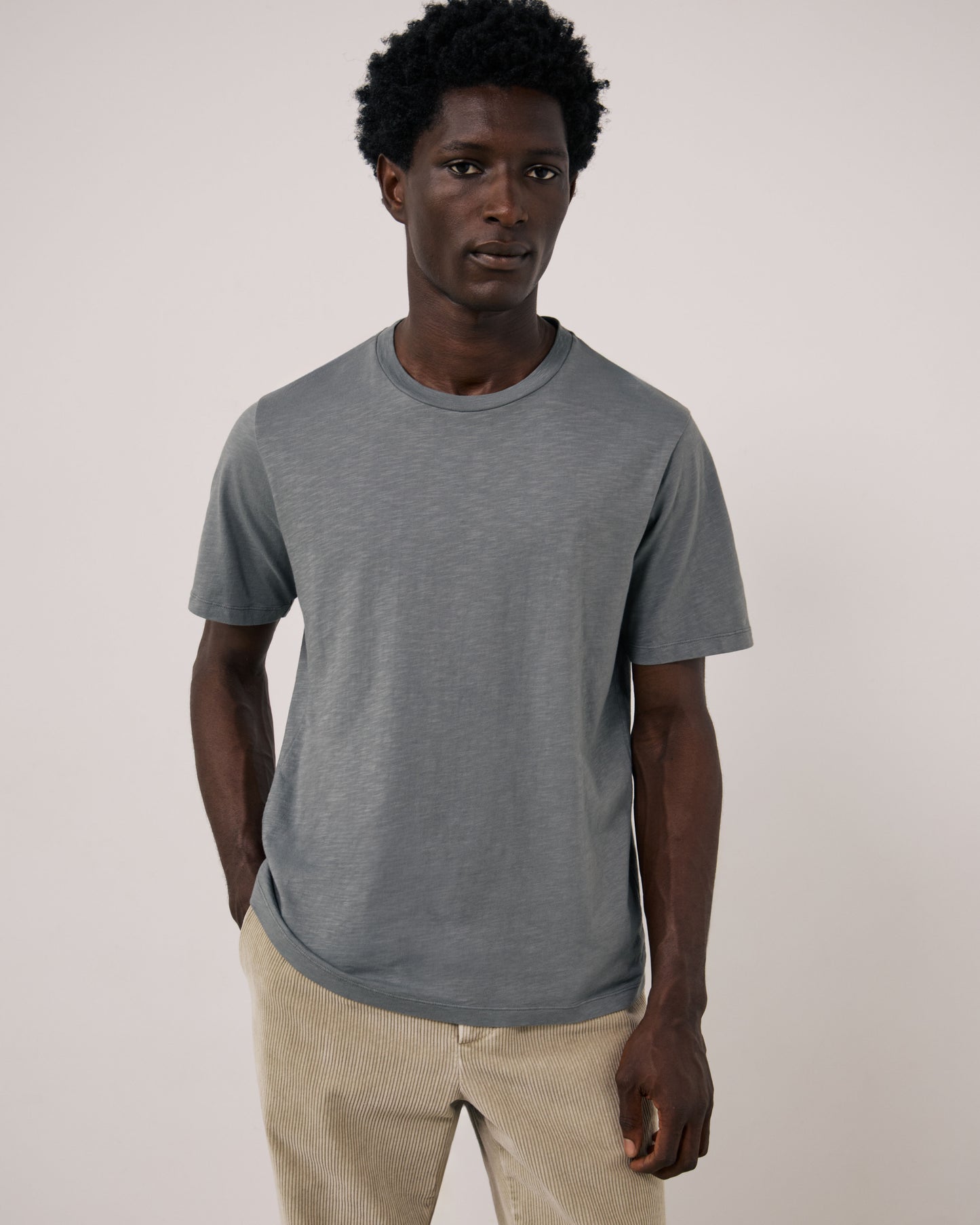 T-shirt Homme en Coton Slub Vert de gris Crew