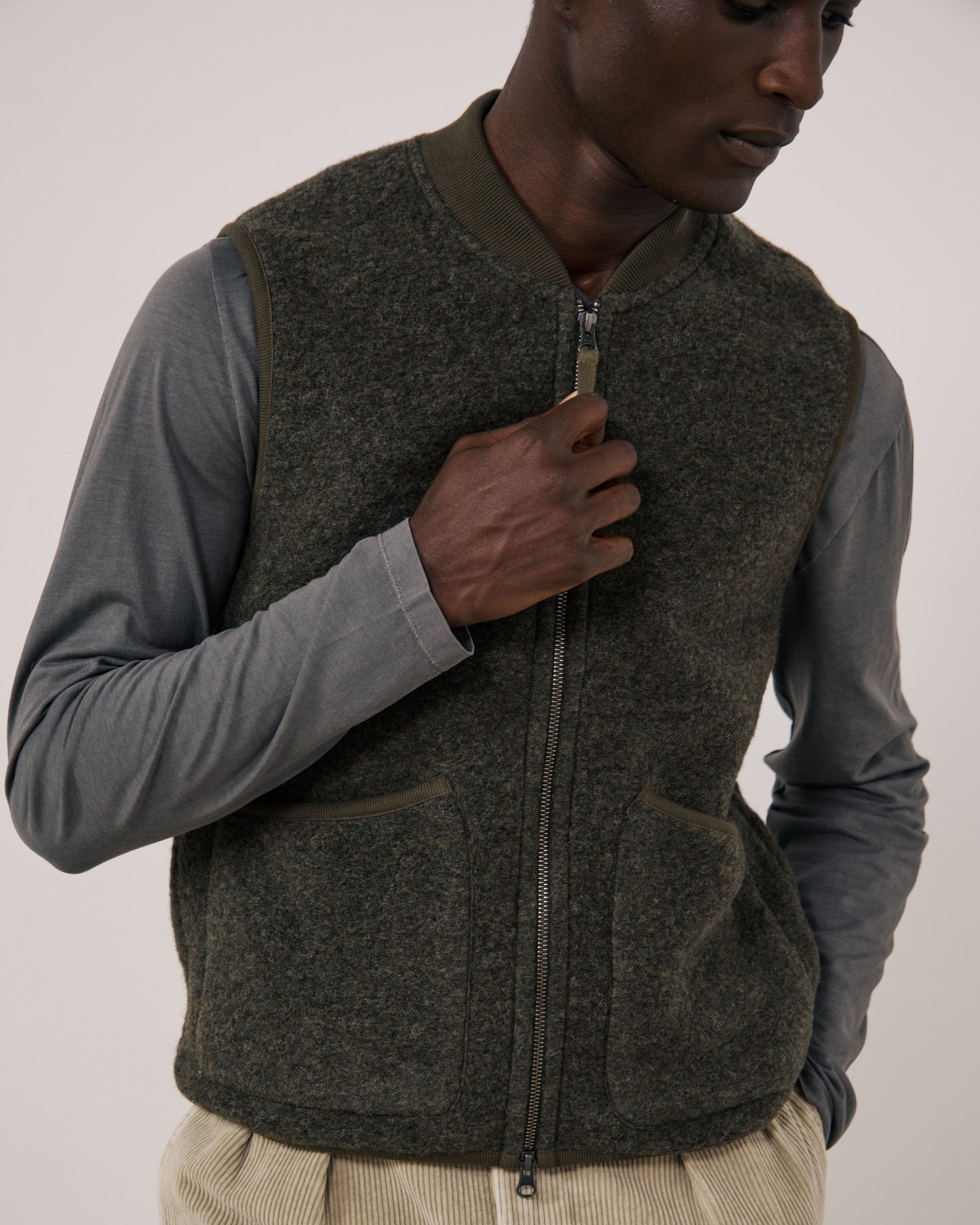 Gilet Homme en Laine Bouillie Vert Militaire Boiled