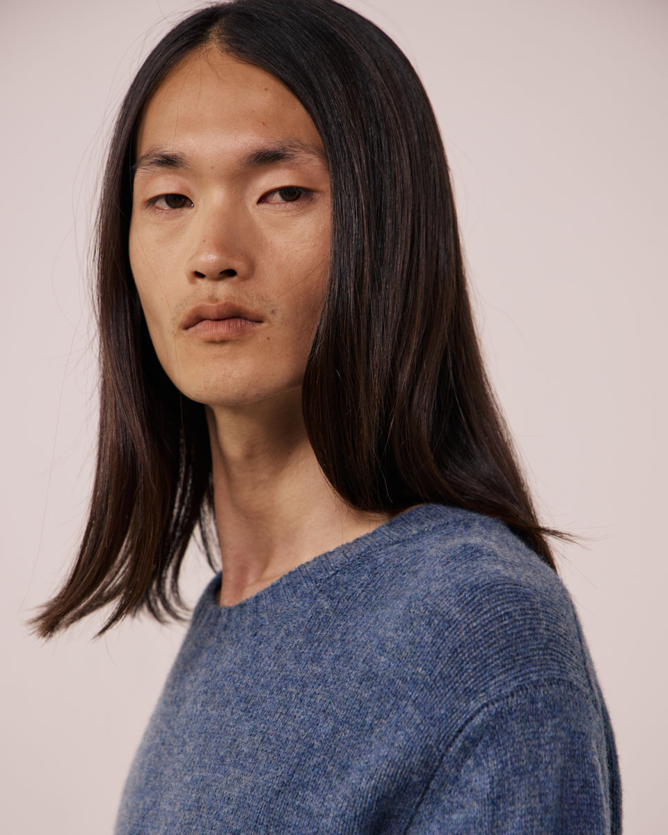 Pull Homme en Laine Vierge Bleu Denim Shetland Crew - Image 3