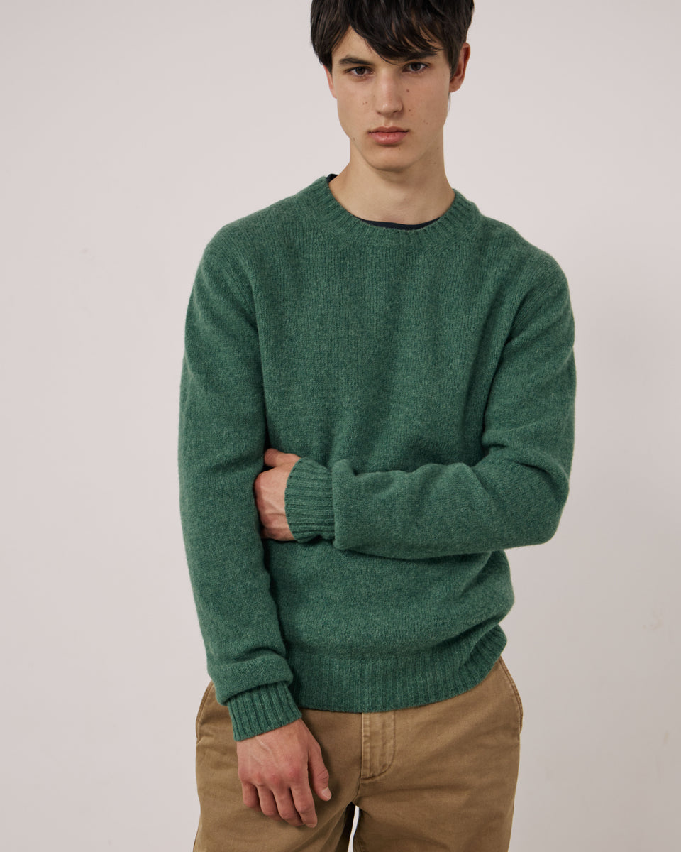 Pull Homme en Laine Vierge Vert Shetland Crew - Image 2
