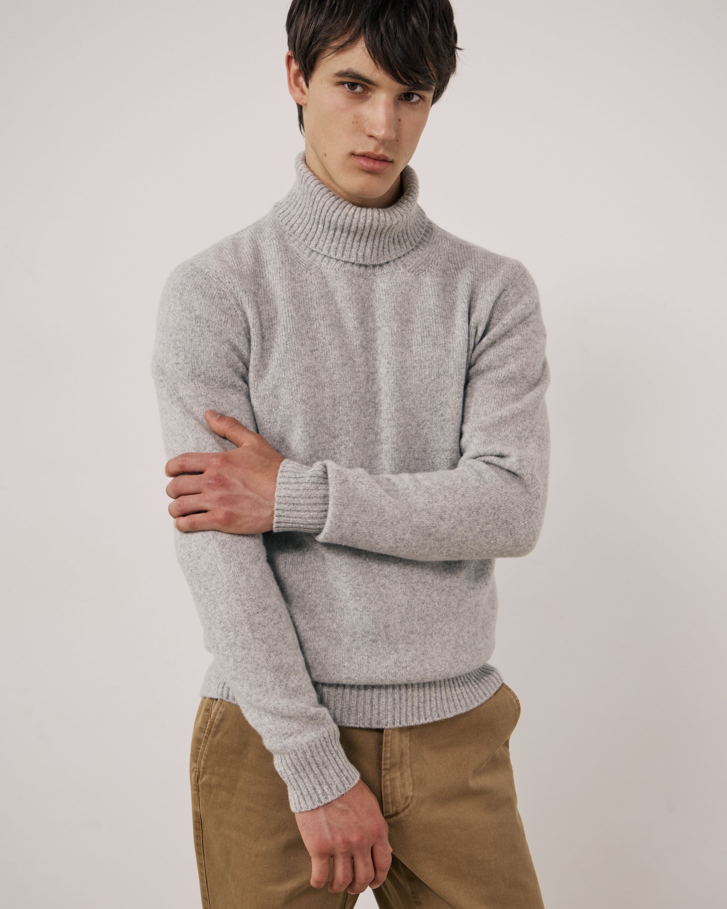 Pull Homme en Laine Mérinos Extrafine Gris Seamless Roll Neck