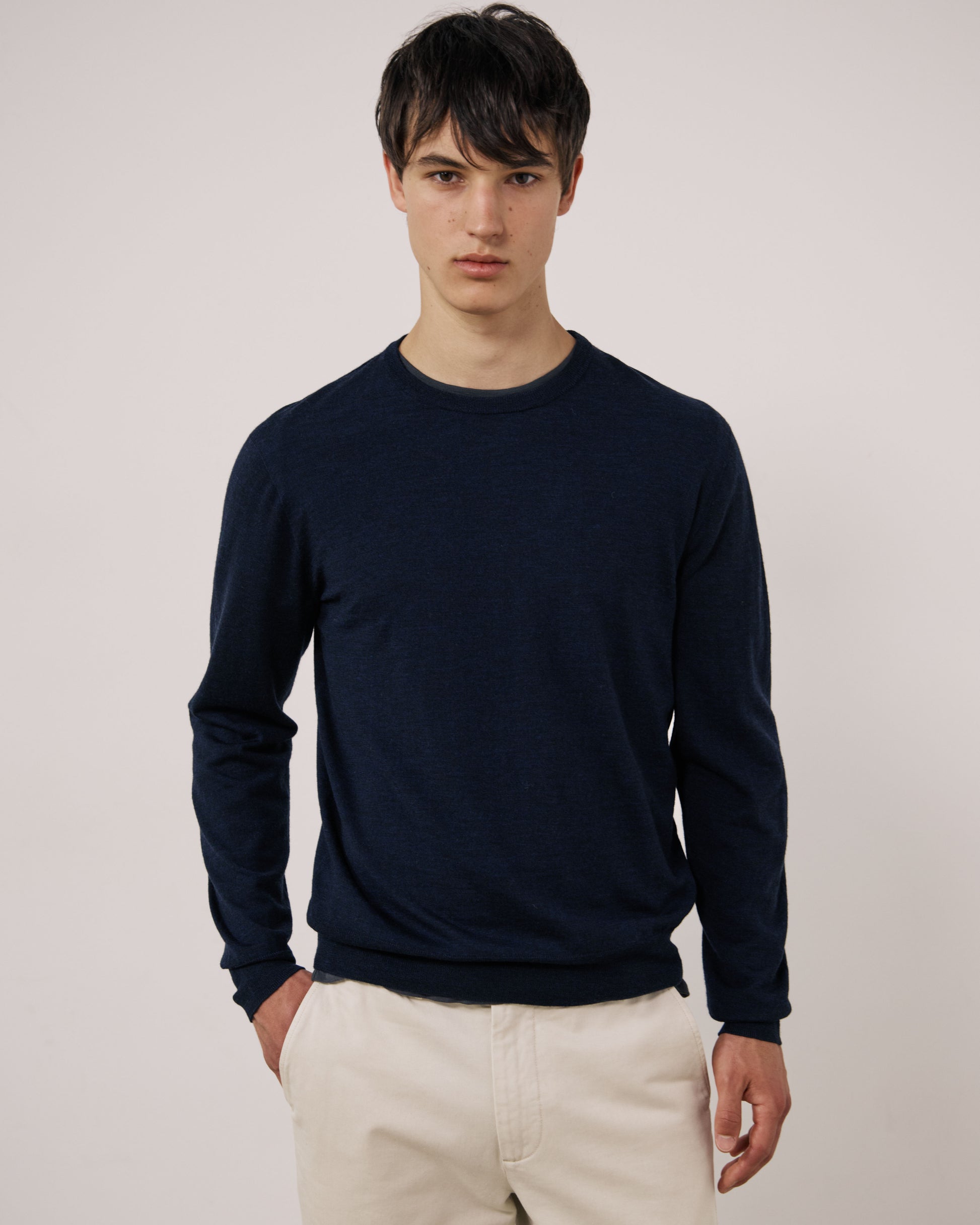 Pull Homme en Laine Extrafine Bleu Marine Merino Crew